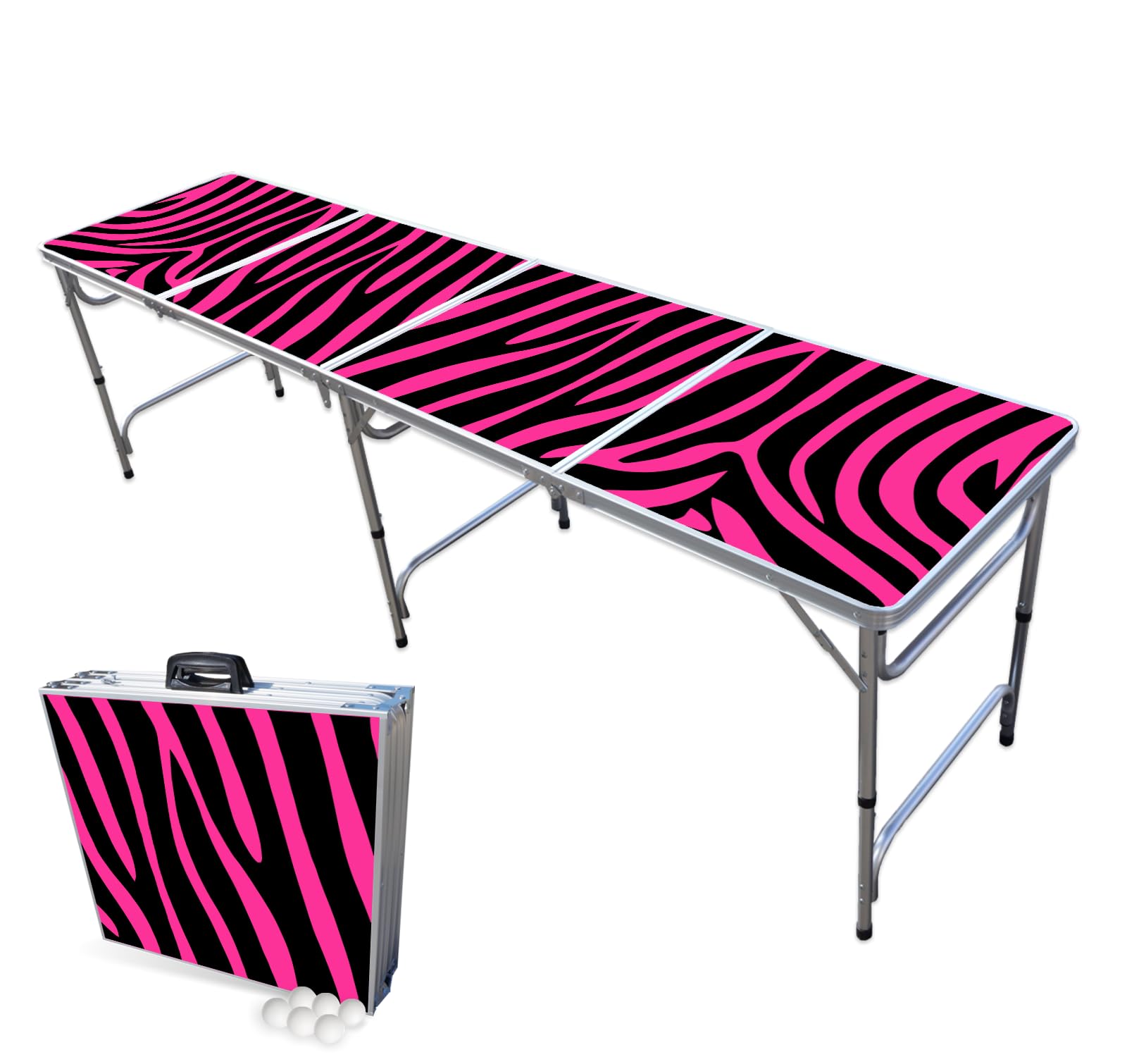 **Pink Zebra 8-Foot Folding Beer Pong Table - PARTYPONG Base Model for Outdoor Parties, Tailgates & College Events**