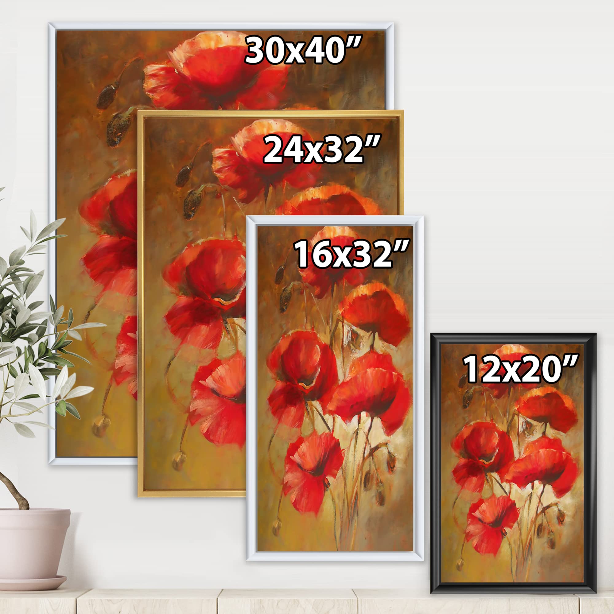 DesignQ Red Blossoming Poppies IV - Traditional Framed Canvas Wall Art Print - Home & Office Decor, Living Room Wall Decor, Gift Idea