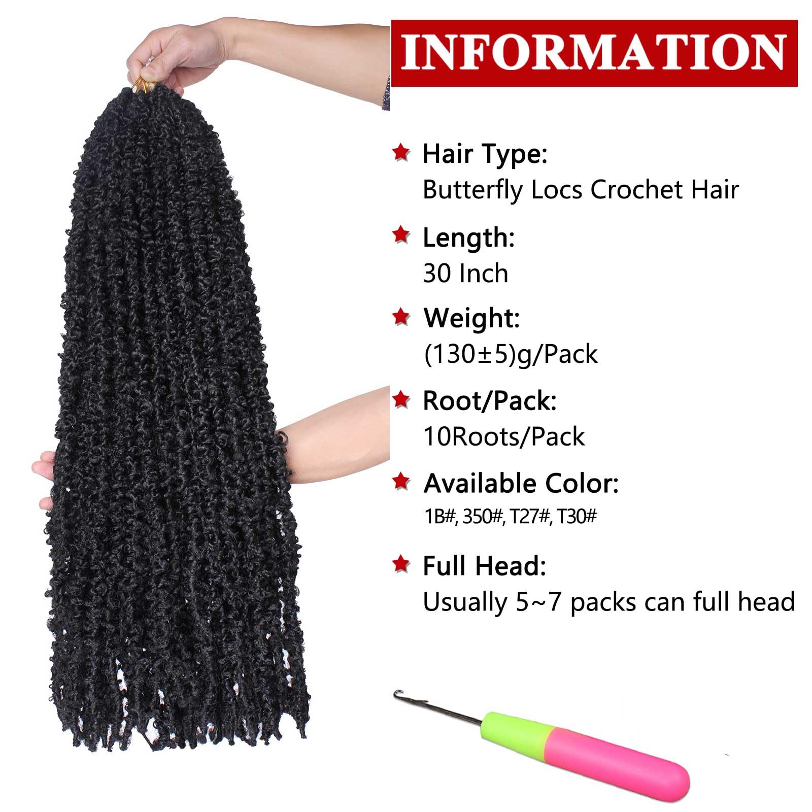 Xtrend 6 Packs 30 Inch Black Butterfly Locs Crochet Hair - Pre Looped Distressed Soft Messy Faux Locs Braiding Hair Extensions (1B) for Boho Chic, Festival & Protective Hairstyles