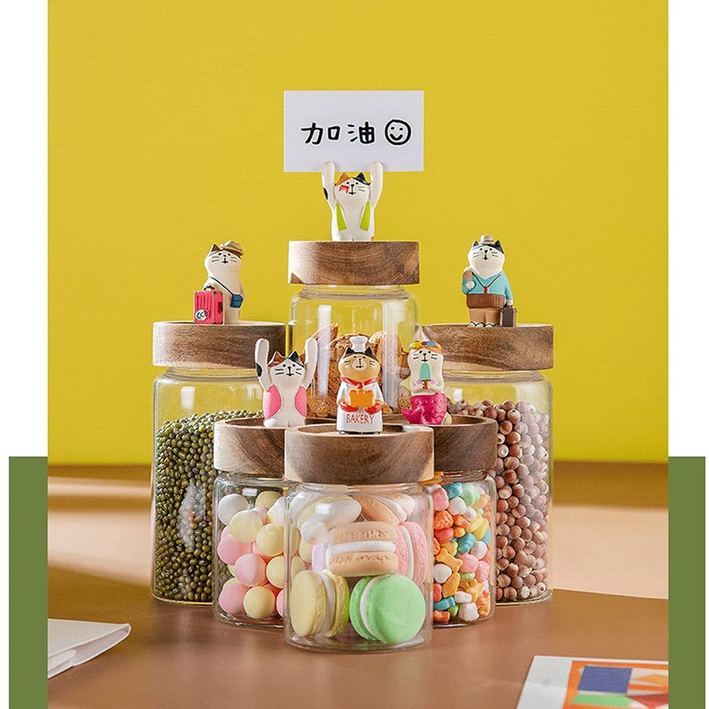 Airtight Food Storage Containers Set - 3-Piece Cute Resin Cat Design Glass Jars with Wooden Lids for Coffee, Sugar, Flour & Dry Goods | Kitchen Pantry Organization & Countertop Decor