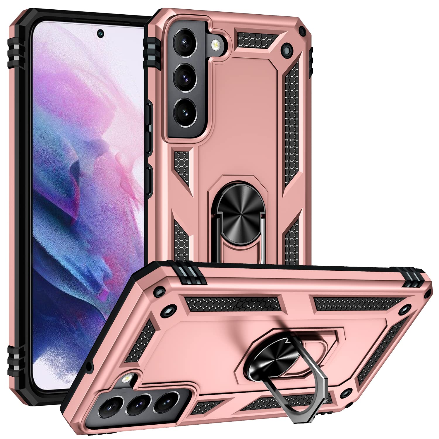 Military Grade Shockproof Case for Samsung Galaxy S22 Plus 5G with 360° Rotating Metal Ring & Kickstand | Heavy Duty Armor Protection in Rose Gold | Perfect for Outdoor Adventures, Work & Travel