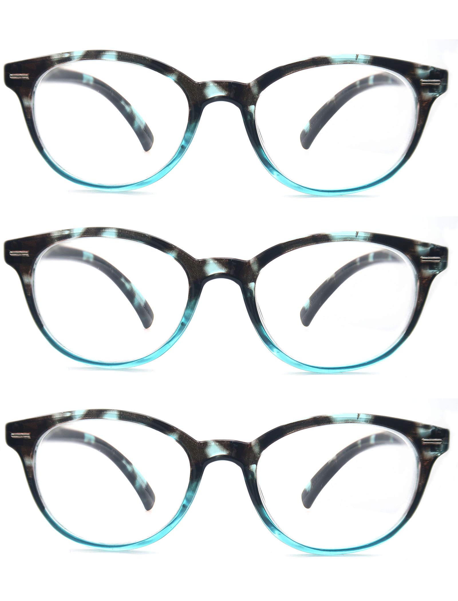 Stylish Small Round Reading Glasses for Women +2.25 Strength - Lightweight Blue Demi Frame with Spring Hinges (3-Pack) - Perfect for Petite Faces & Small Heads | Ideal for Reading Books, Using Smartphones & Working on Computers