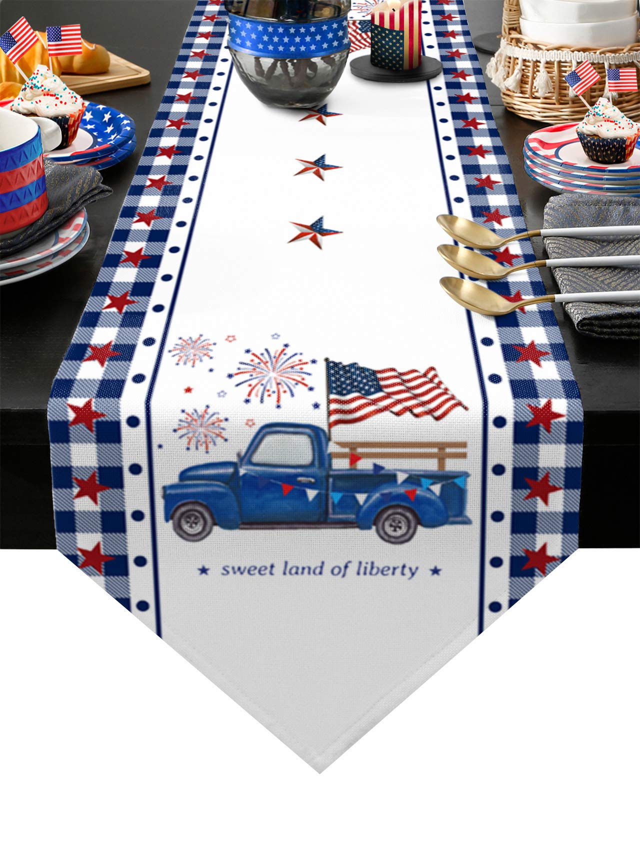 Blue Truck & American Flag Linen Table Runner 13x120 Inches - Farmhouse Kitchen Dining Decor for 4th of July, BBQ, Outdoor & Indoor Parties