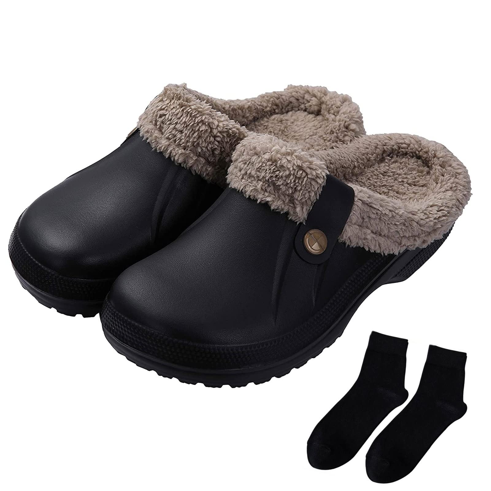Rbong Men's Women's Winter Warm Slippers with Free Socks - Fur Lined Waterproof House Shoes, Non-Slip Soft Sole Indoor Bedroom Slippers (EU 35-45) - Perfect for Home, Office & Cold Weather Comfort