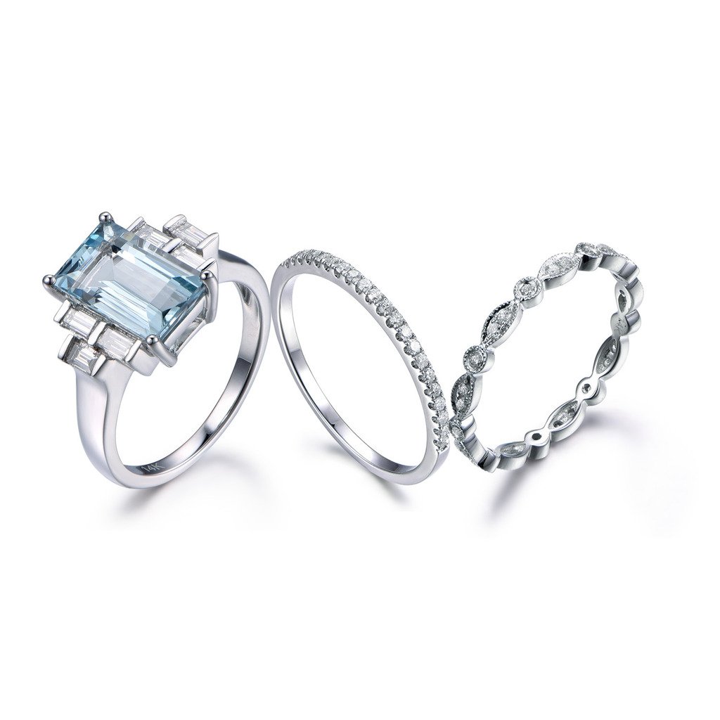 Blue Aquamarine Wedding Ring Set - 6x11mm Emerald Cut Gemstone & Diamond Band in White Gold for Stacking & Bridal Jewelry