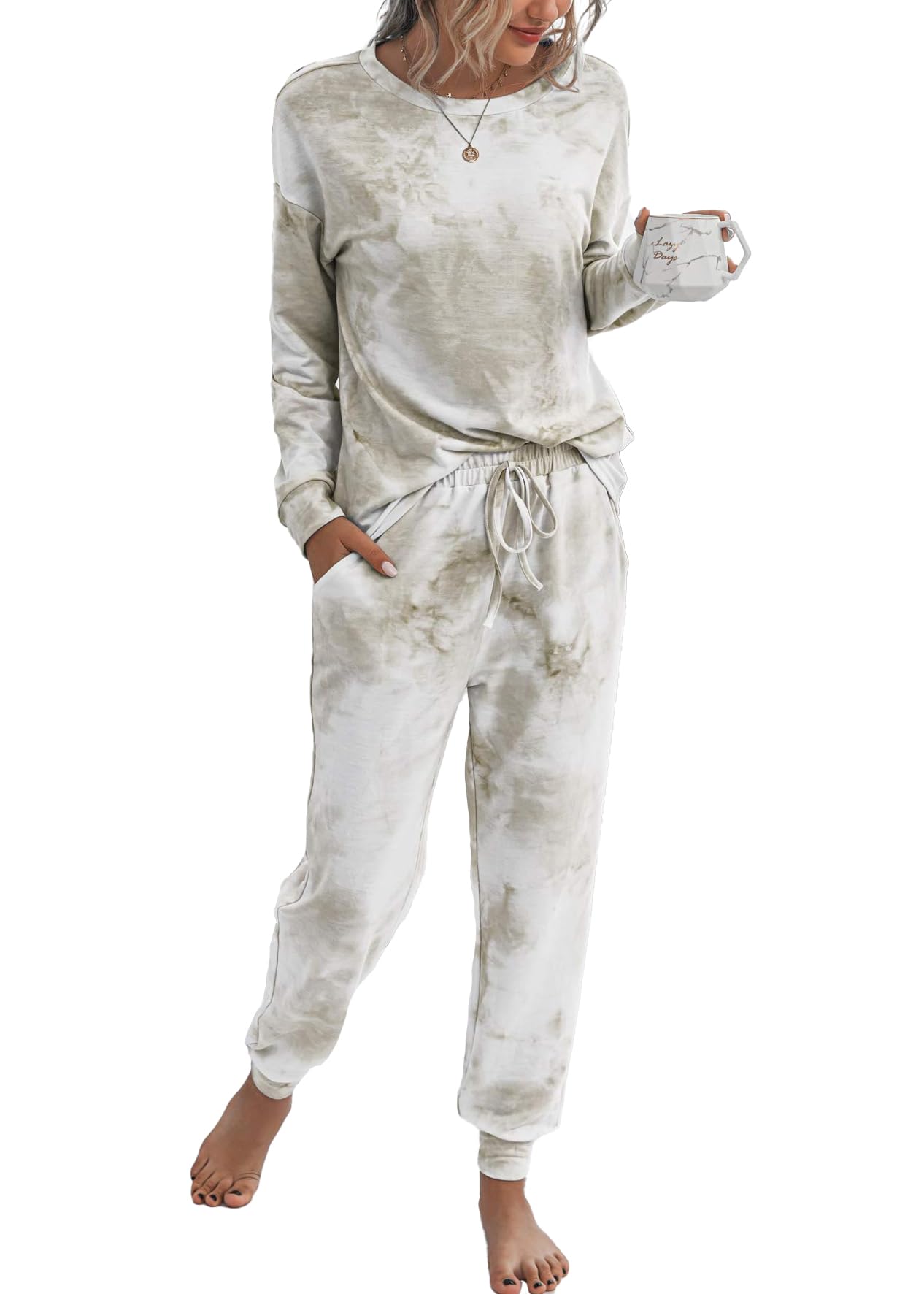 TSMNZMU Women's Tie-Dye Pajama Set - 2-Piece Long Sleeve Pullover Top & Pants with Pockets | Soft Sleepwear for Lounge, Travel & Home Relaxation
