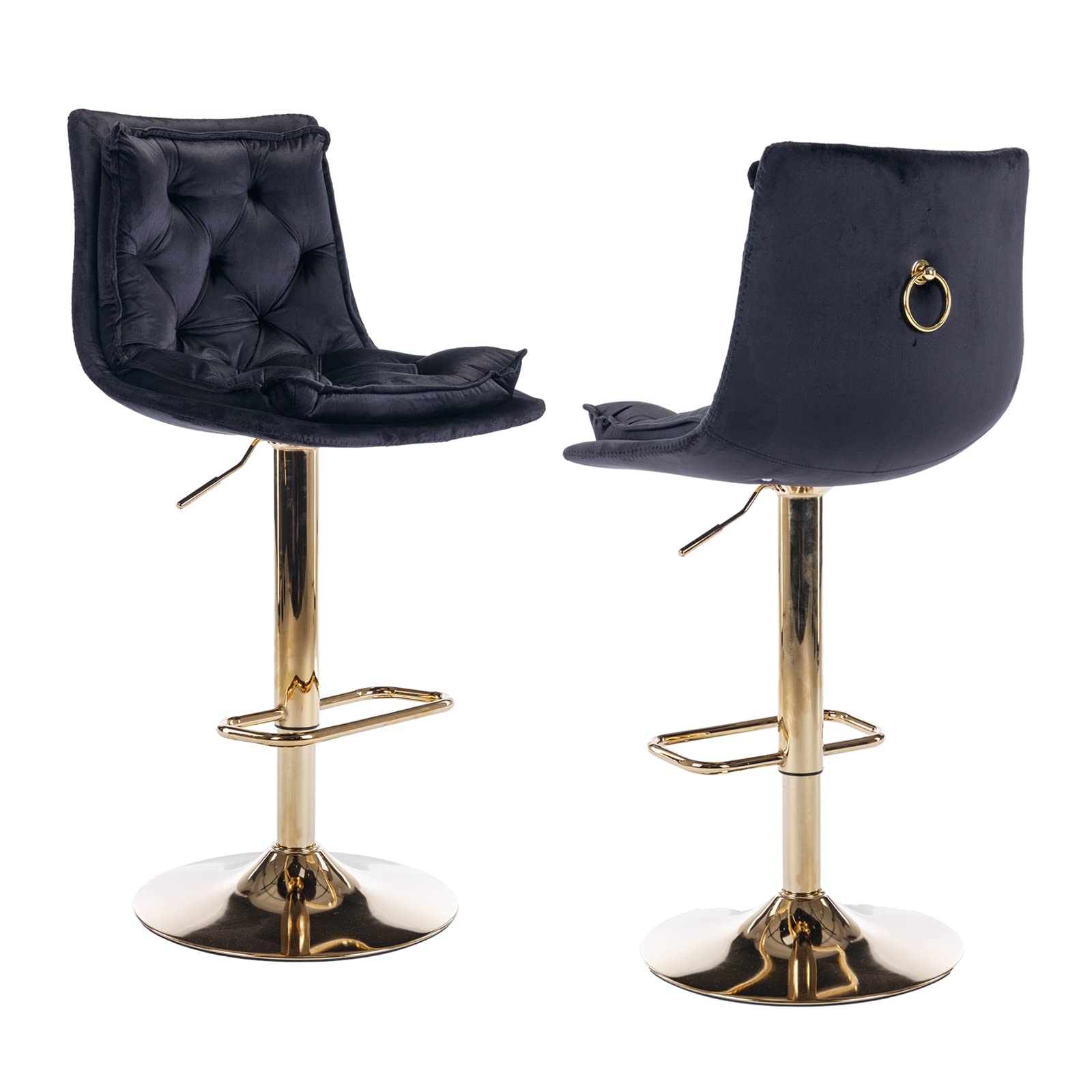 Homtique Set of 2 Modern Velvet Swivel Bar Stools - Adjustable Height, Ring-Pull Back, Armless Kitchen Island Chairs with Gold Metal Base for Pub, Bar or Counter (Black) - Perfect for Home Kitchen, Dining Room & Entertainment Spaces
