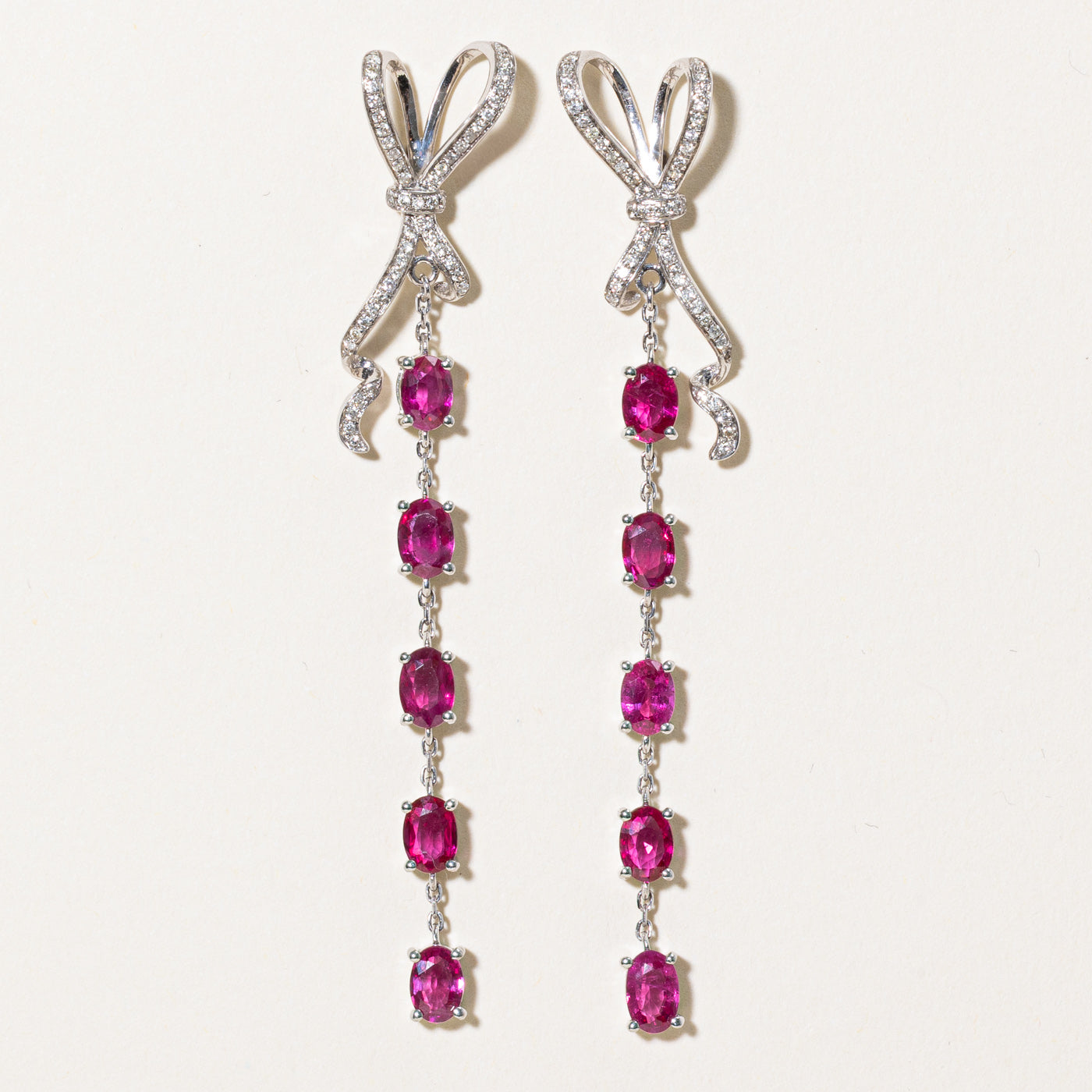Exquisite 3.13ctw Ruby & Diamond Bow Drop Earrings | 0.18ctw Diamond Accents | Elegant Dangle Earrings for Women | Perfect for Weddings, Parties & Special Occasions