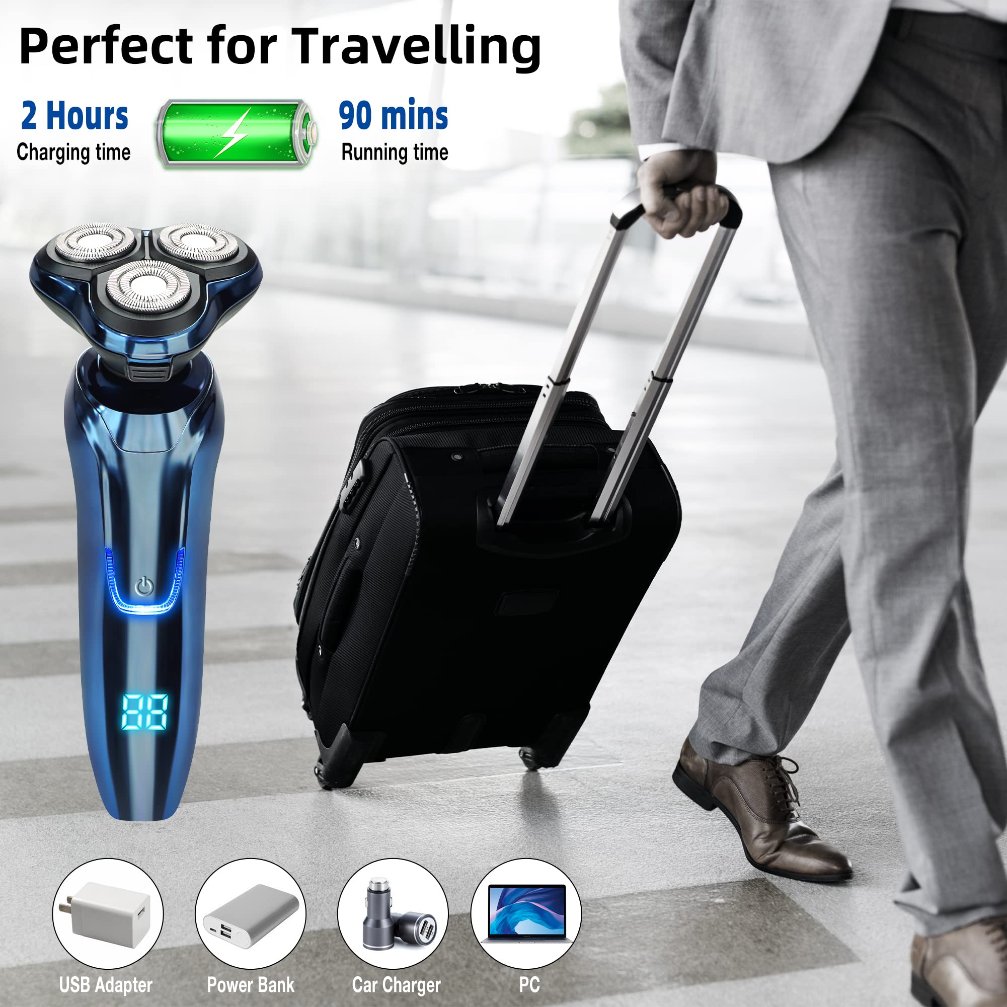 Premium 3-in-1 Electric Razor for Men - Wet & Dry Waterproof Shaver with Precision Blades | Smooth Shaving for Face, Head & Body | Ideal for Travel & Daily Grooming (Blue)