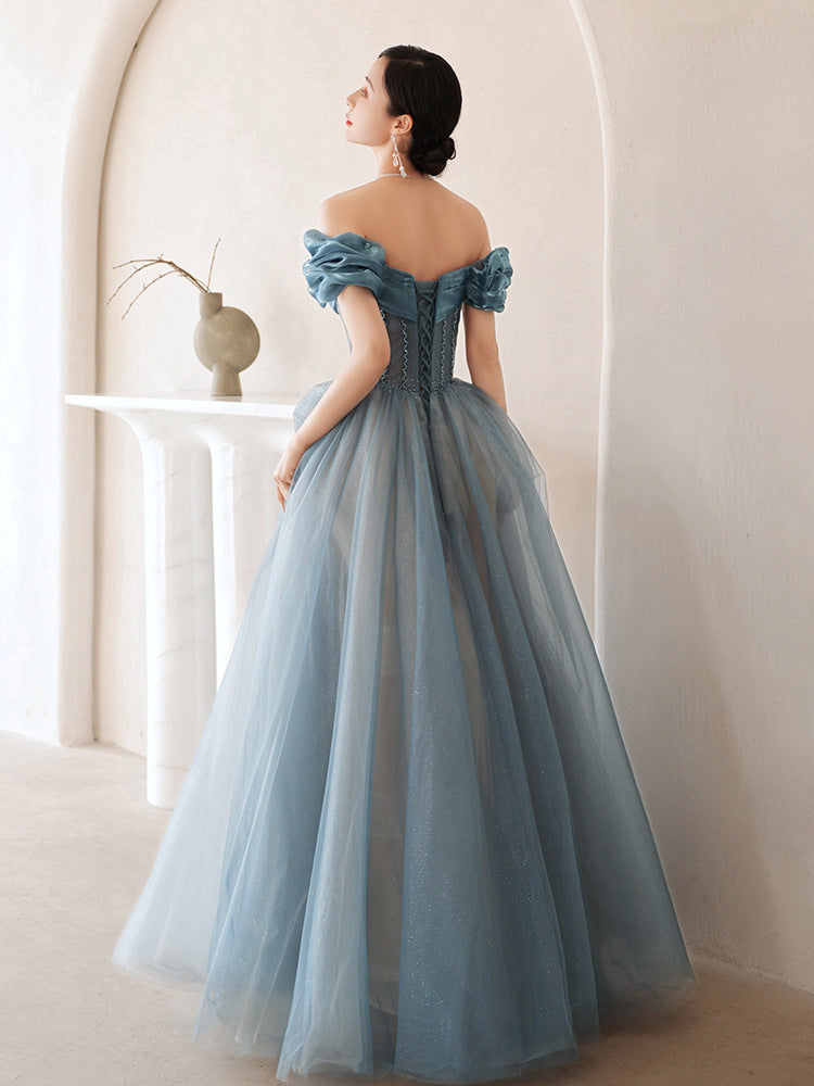 Elegant Off Shoulder Blue A-Line Prom Dress with Tulle Skirt - Formal Evening Gown for Homecoming, Wedding & Special Occasions
