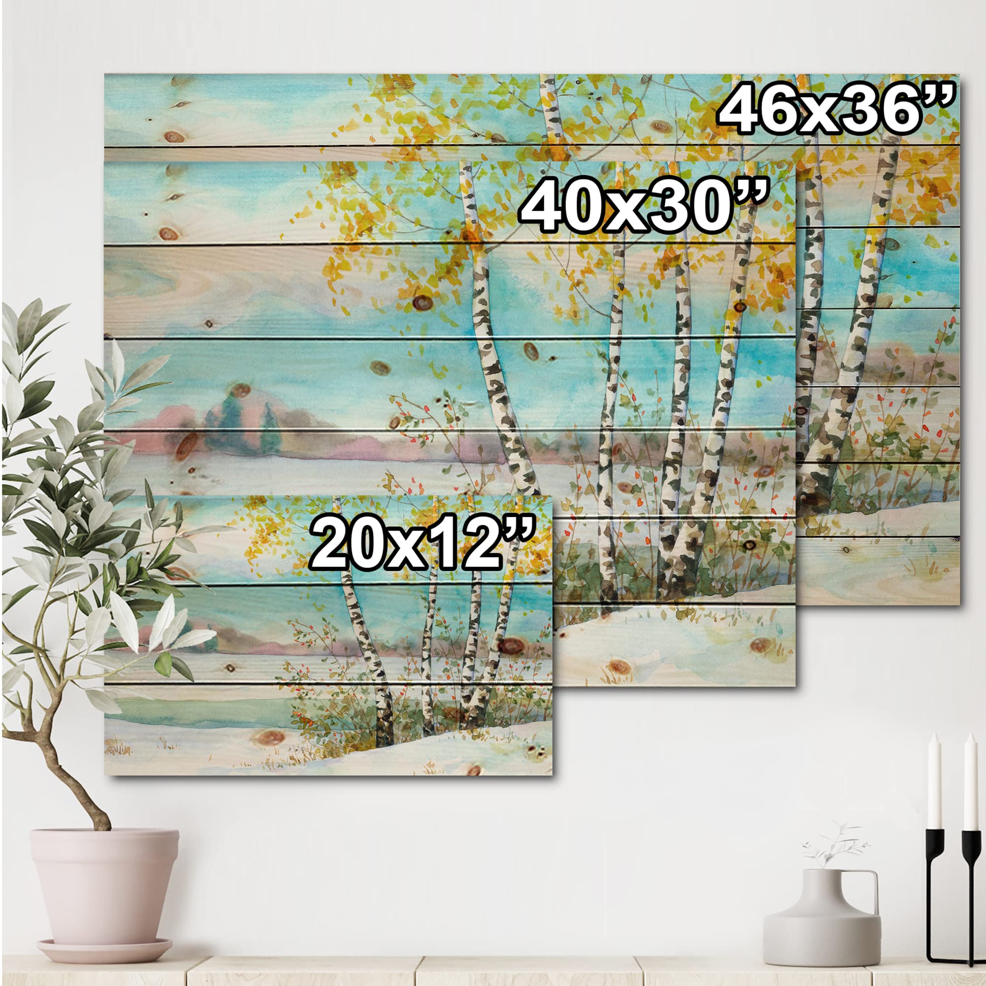 DesignQ Birches in Snowy Field Lake House Wood Wall Decor - Blue Wood Wall Art - Large Landscape Wood Panels Printed on Natural Pine - Perfect for Living Room, Bedroom & Cabin Decor