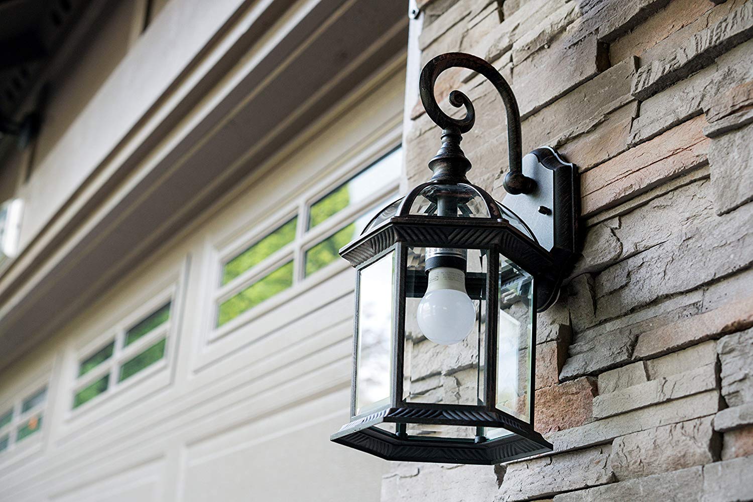 Rustic Wall Lanterns 2 Pack - Weatherproof Outdoor Lighting with Decorative Scroll Sconce Arm & Clear Beveled Glass - Perfect for Front Porch, Backyard, Garden & Patio Lighting