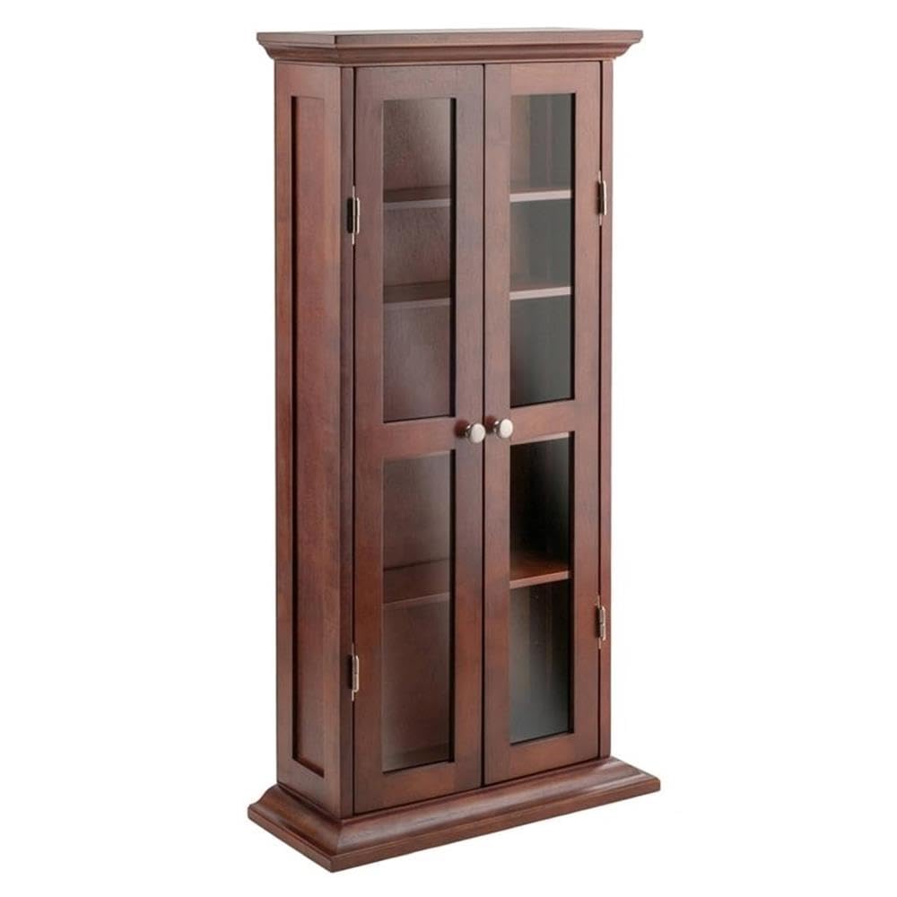 Pemberly Row Solid Wood CD & DVD Storage Cabinet - Antique Walnut Finish | Organize & Display Media Collections in Living Room, Office or Home Theater