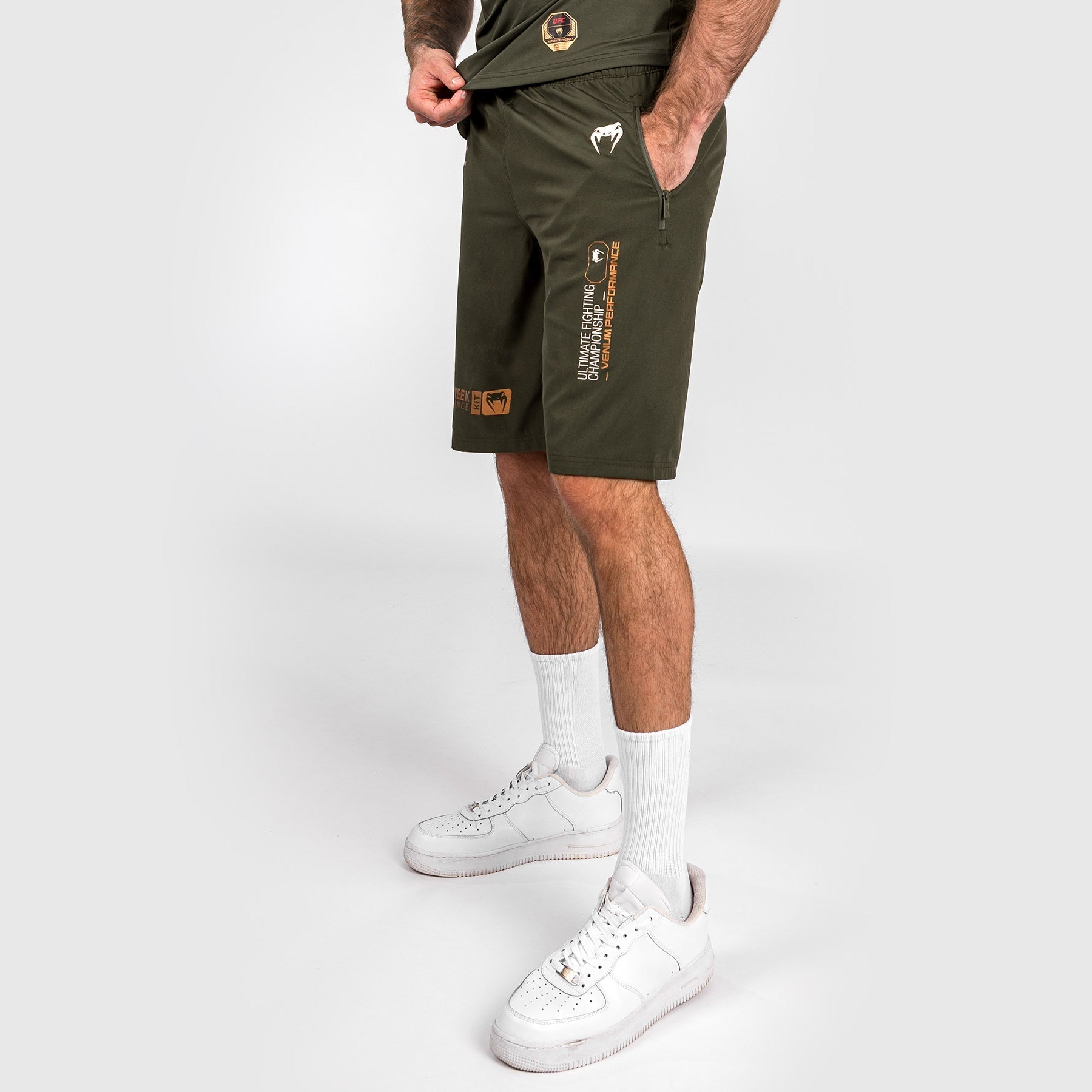 Venum UFC Adrenaline Fight Week Men's Performance Shorts - Khaki/Bronze | MMA Training & Workout Gear for Fighters & Athletes