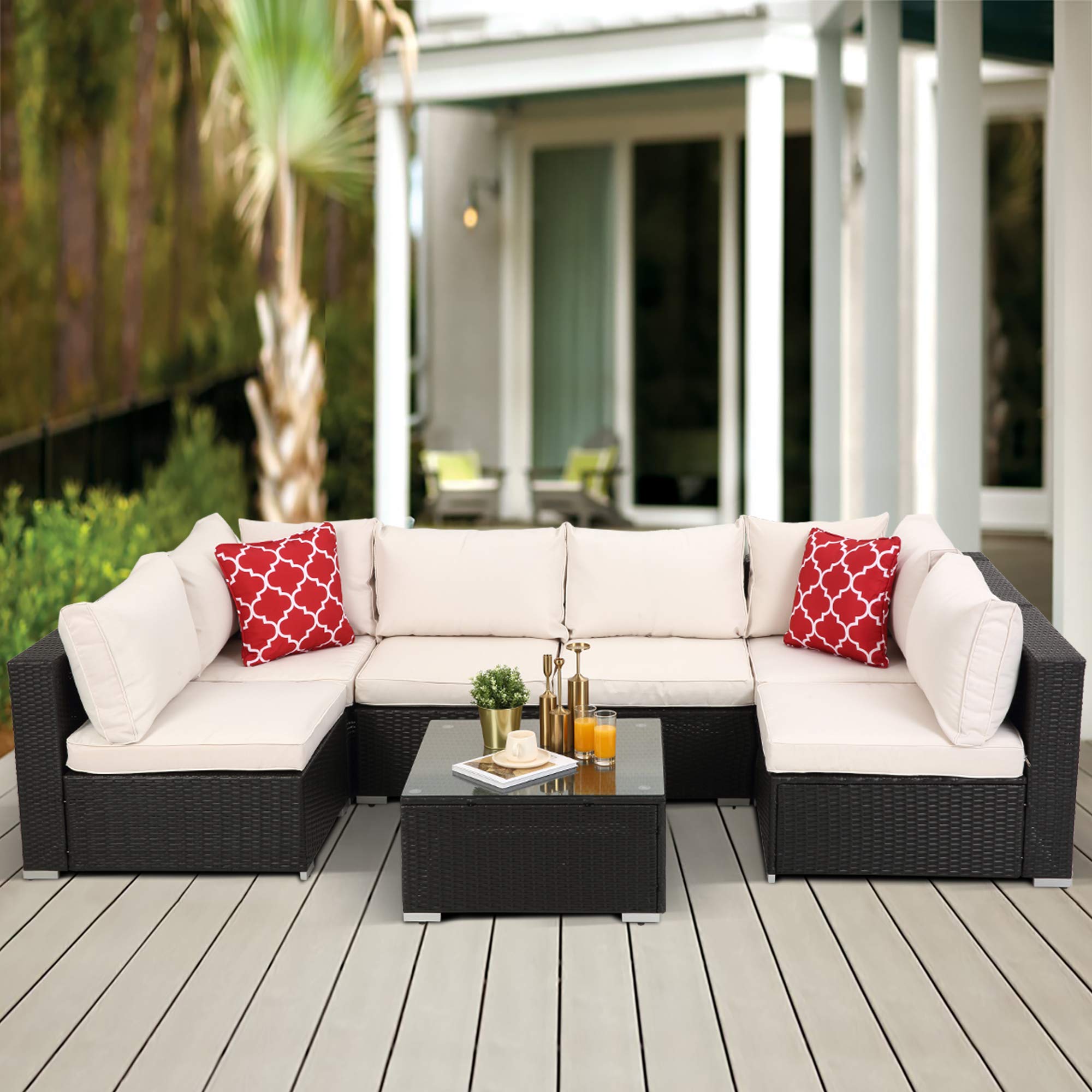 7-Piece Outdoor Patio Furniture Set - Rattan Sectional Sofa with Coffee Table & Washable Cushions for Garden, Poolside, Backyard, Balcony | Dark Brown Wicker with White Cushions | Perfect for Relaxing, Entertaining & Outdoor Dining