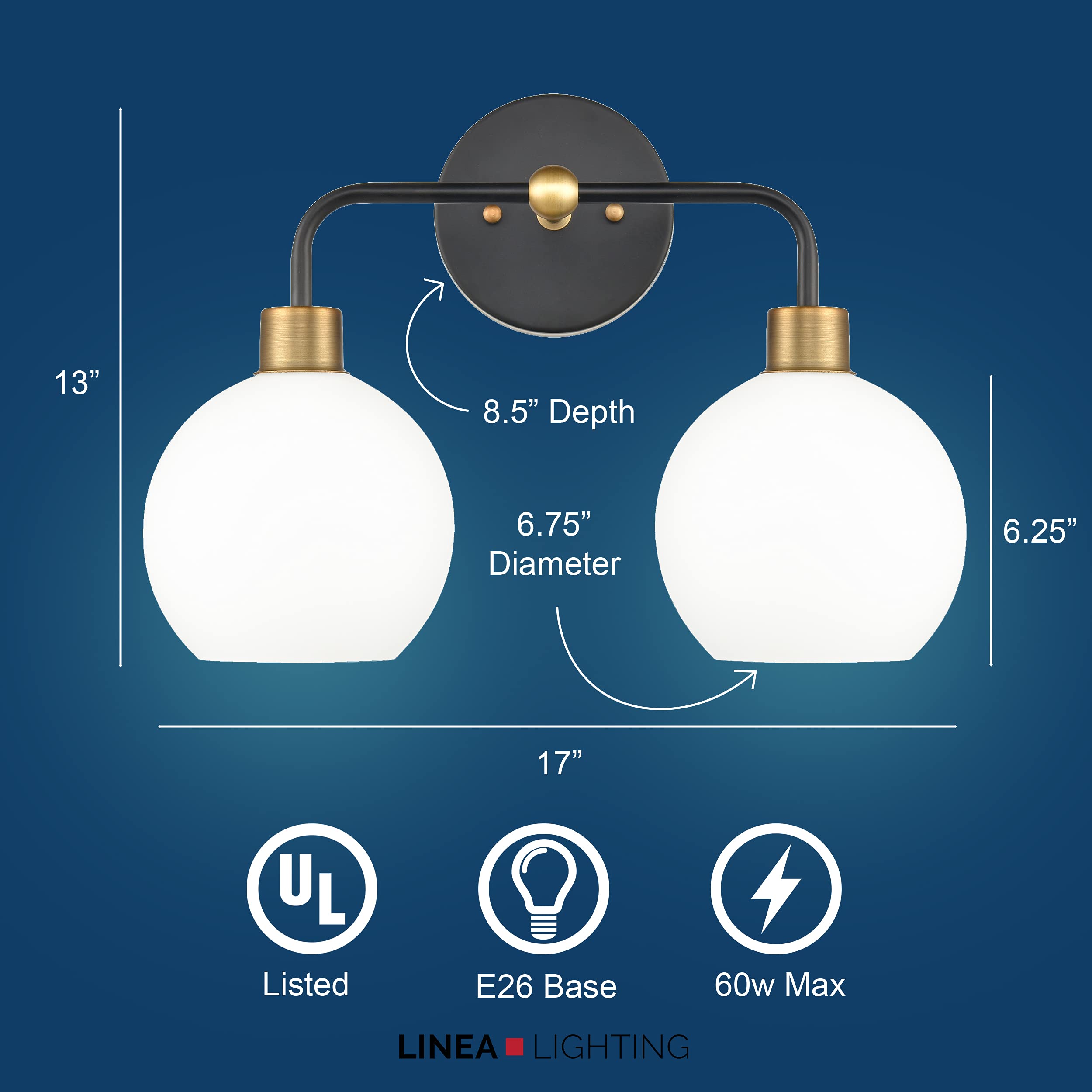 Liara Lukasa Modern Bathroom Vanity Lights - 2-Light Matte Black & Gold Over Mirror Lighting with Frosted Glass Covers, UL Listed - Perfect for Bathroom, Powder Room, and Dressing Area Lighting