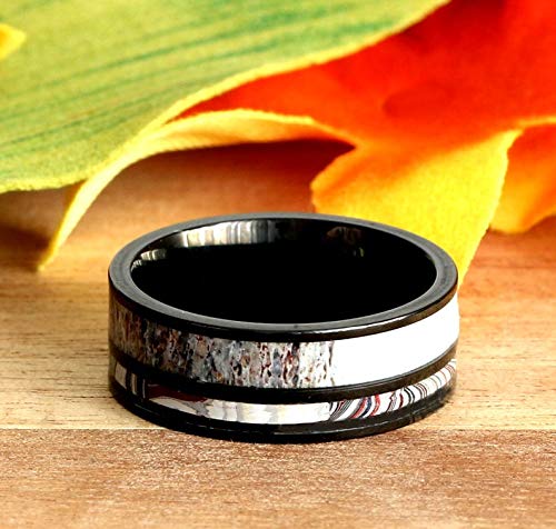 Fordite and Deer Antler Wedding Ring Set - Unique Motor Agate Engagement Rings for Car Enthusiasts - Handcrafted Alternative Jewelry for Weddings, Anniversaries and Gifts