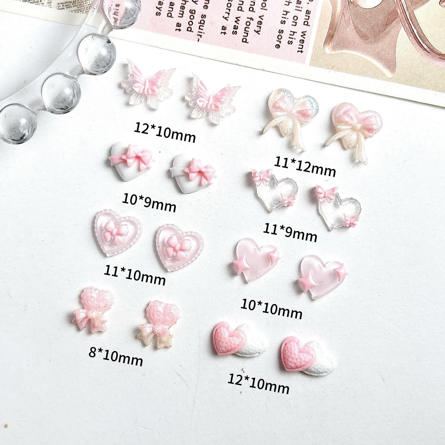 40Pcs Pink Nail Art Charms Glow in The Dark Heart Rhinestones - 3D Resin Nail Gems Decals for Valentines Day Manicure, DIY Nail Decorations, Party, Wedding, Salon, Home Nail Art Supplies