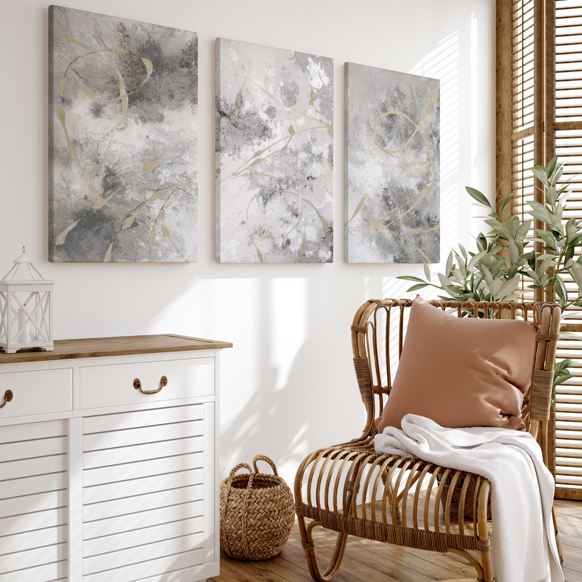 Gilded Whispers - Set of 3 Premium Canvas Wall Art Prints | Elegant Home Decor for Living Room, Bedroom & Office