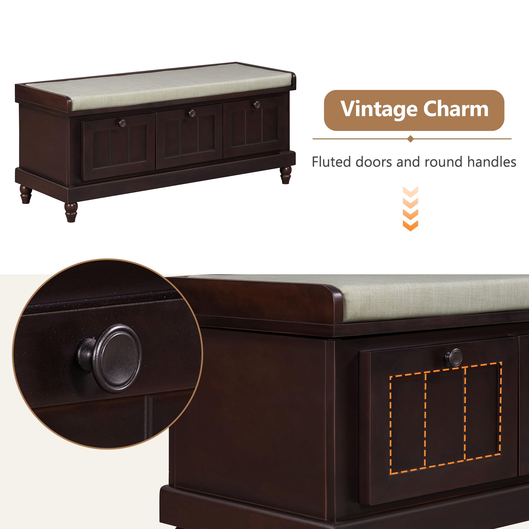 Farmhouse Storage Bench with 3 Drawers - Wooden Entryway Shoe Bench with Cushion for Living Room & Hallway Storage