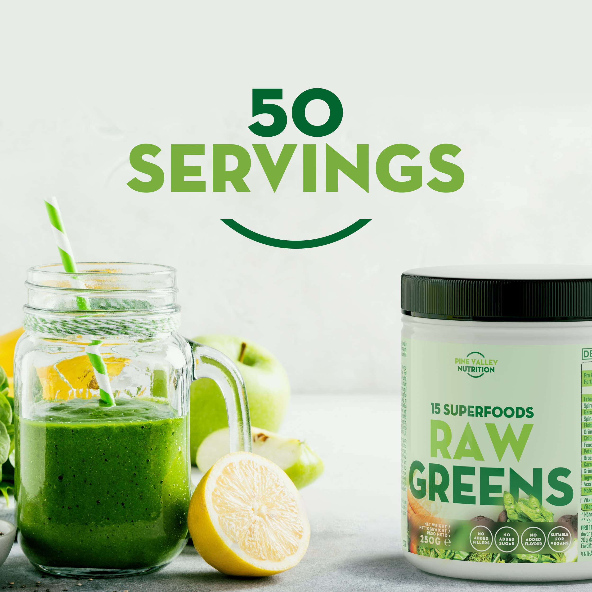 Organic Super Greens Powder - 15 Premium Superfoods & Vegetables Blend with Spirulina, Green Tea, Ginger Root & Pea Protein | Vegan, Gluten-Free, Non-GMO | 50 Servings (250g) for Smoothies, Juices & Daily Nutrition Boost
