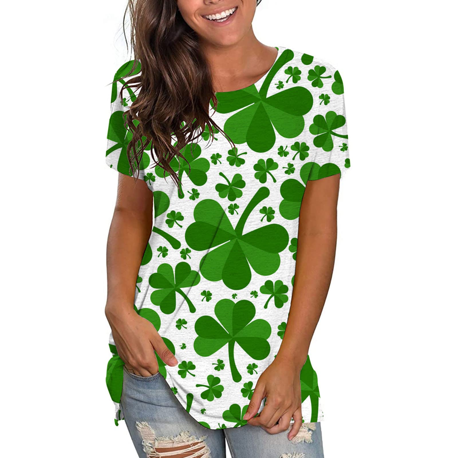 Women's Casual Short Sleeve T-Shirt with Pockets - Boho Fall Work Summer Tee in Green (XXL) | Perfect for St. Patrick's Day, Office Wear & Everyday Outfits