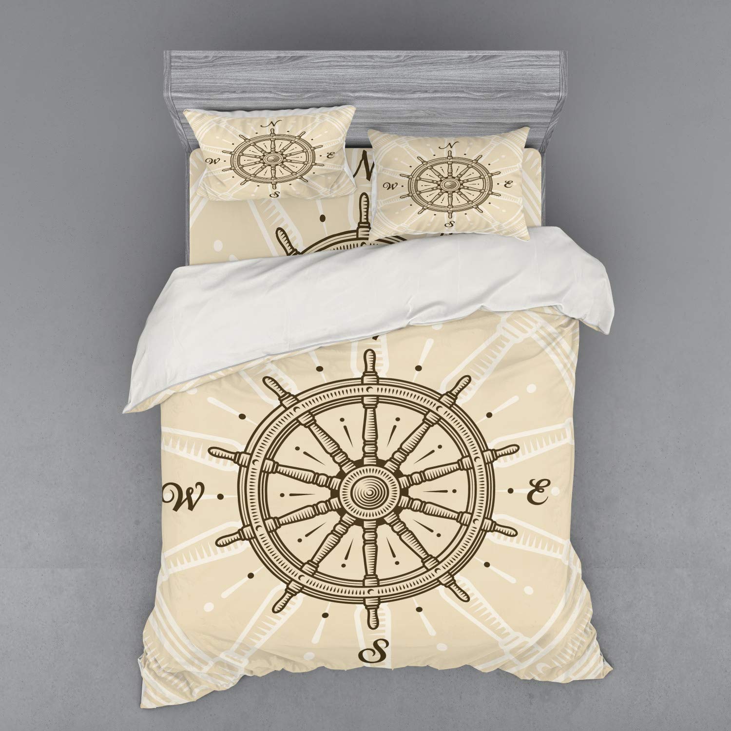 Ambesonne Vintage Ships Wheel Bedding Set - 4 Piece Queen Duvet Cover with Shams & Fitted Sheet, Beige Brown Retro Nautical Theme | Perfect for Coastal, Beach House or Sailor-Themed Bedrooms