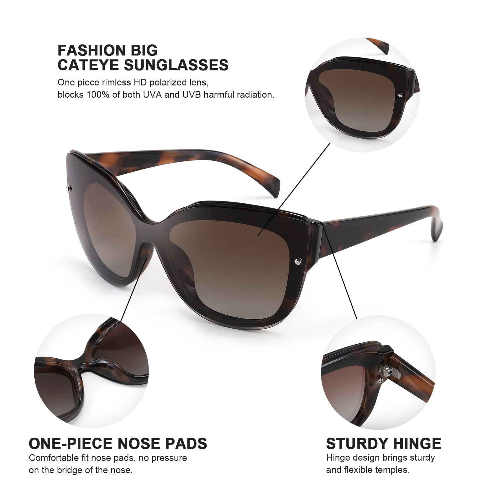 FEISEDY Polarized Cat Eye Sunglasses for Women & Men - Rimless Mirrored Oversized Retro Sunglasses B2796 | UV Protection, Fashion Accessory for Driving, Beach & Outdoor Activities