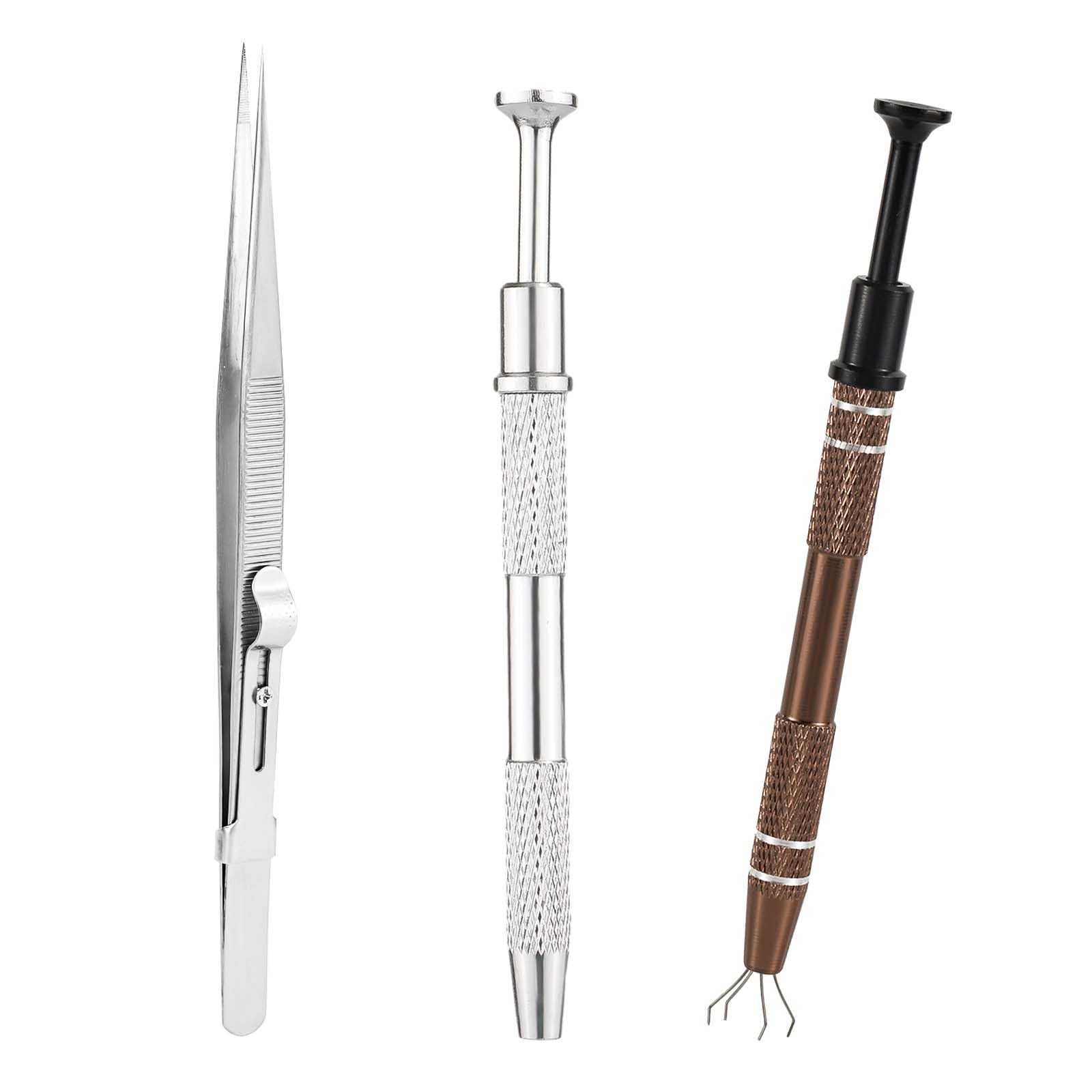 3pcs Piercing Ball Pick Up Tool Set - Stainless Steel Septum Ball Screw On Tool with Tweezers & Jewelry Holder - Professional Piercing Assistant for Nose Rings, Septum Jewelry & Body Piercing Maintenance (Brown & Silver) - Perfect for Piercing Studios, Jewelry Making & DIY Body Jewelry Care