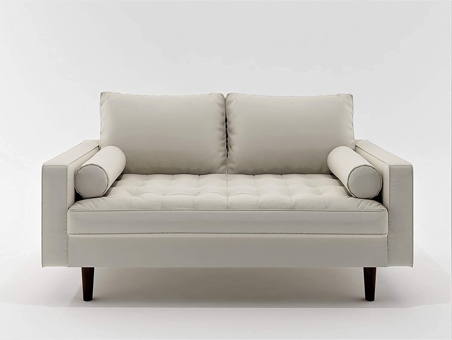 Mid Century Modern Loveseat Sofa - PU Leather Upholstered Tufted Couch with Bolster Pillows | Retro Design for Living Room, Bedroom & Office | White Contemporary Furniture for Small Spaces
