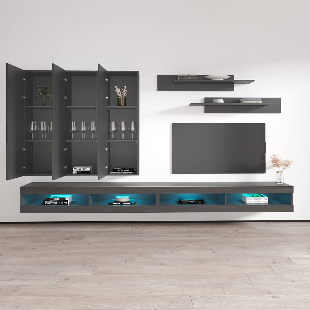 Modern Wall-Mounted TV Stand with Storage Shelves & LED Lights - Fly E 34 Entertainment Center Console for Living Room & Bedroom - Space-Saving Gray TV Cabinet (E1) - Perfect for Small Apartments, Home Theaters & Modern Interior Design