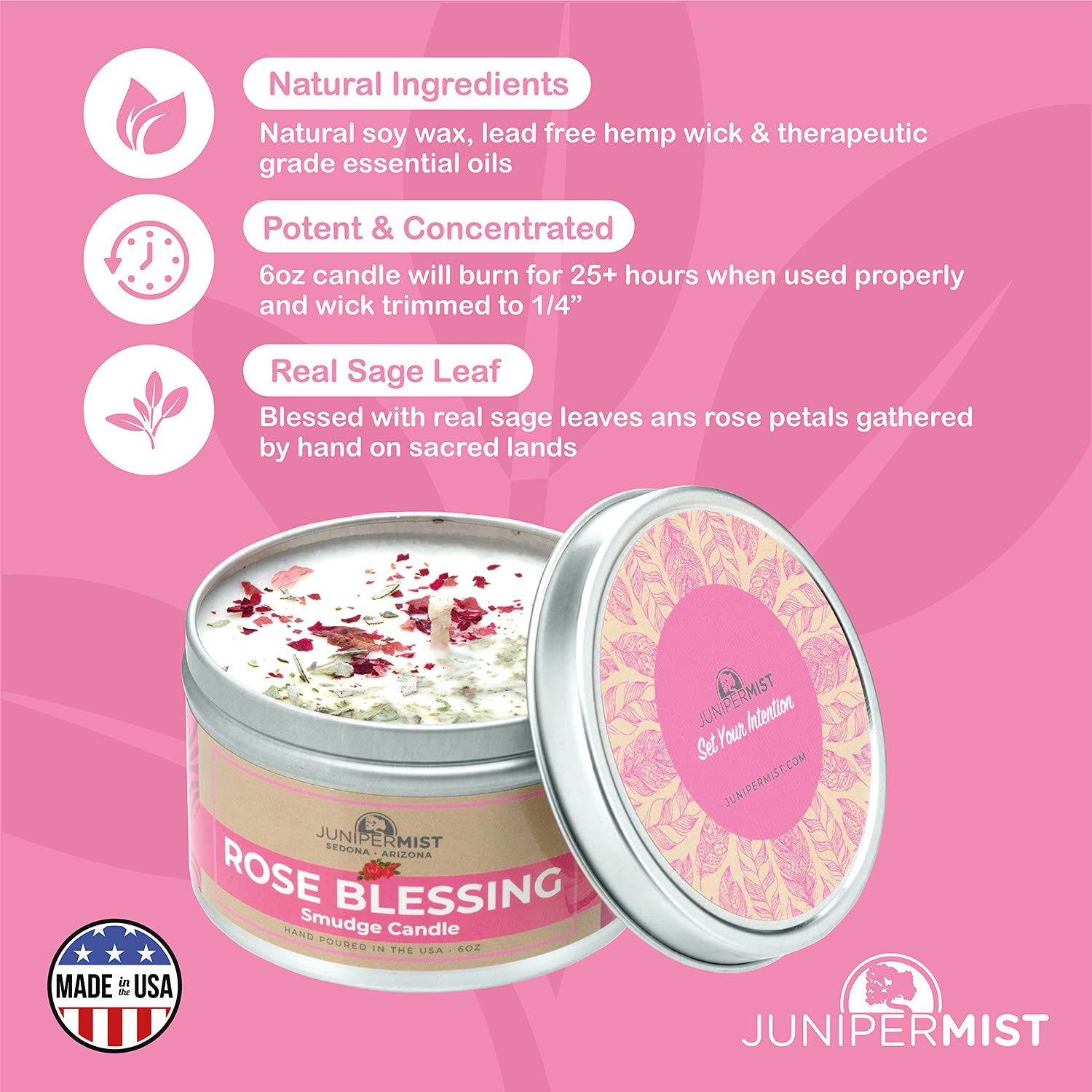 Rose Smudge Candle (6 Oz) - Natural Soy Wax & Essential Oils for Meditation, Cleansing Negative Energy - USA Made Smokeless Alternative to Sage Sticks - Perfect for Yoga, Home Relaxation & Spiritual Rituals