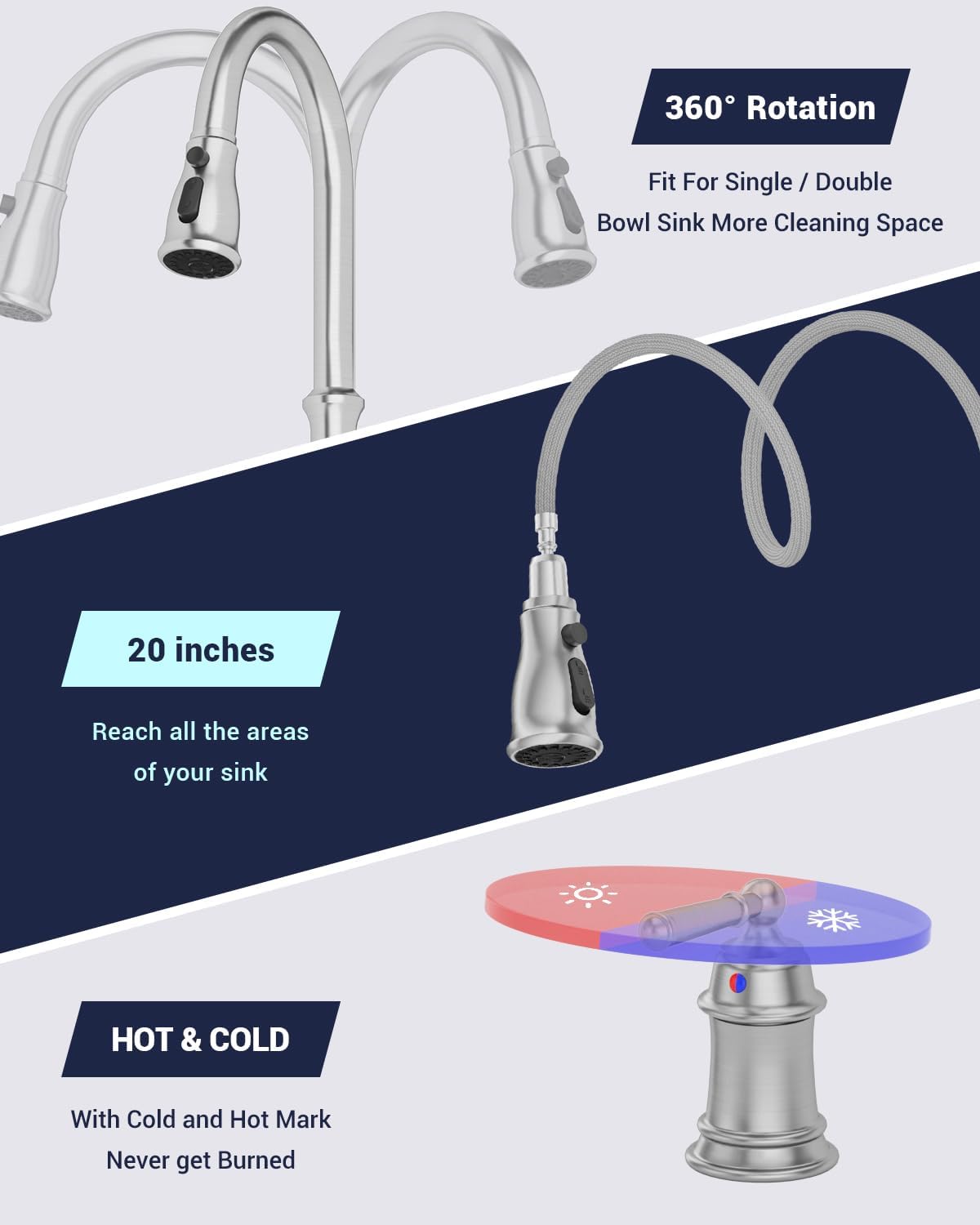 DAYONE Brushed Nickel Single Handle High Arc Kitchen Faucet with Pull Down Sprayer & Soap Dispenser - 3 Hole or 2 Hole Installation, Modern Design for Washing Dishes, Food Prep & Cleaning (Model DAY-279BN)