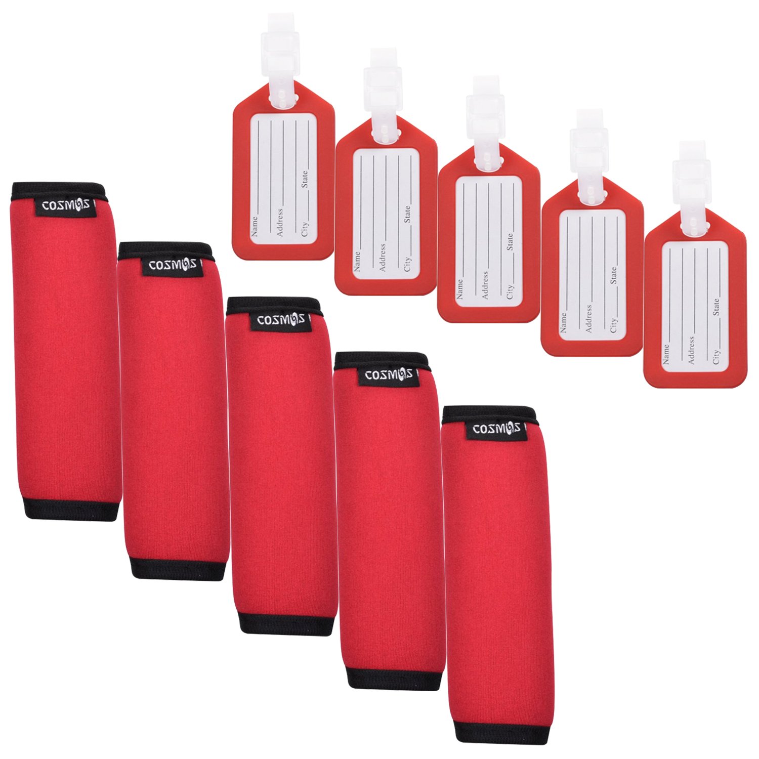 Cosmos 5-Piece Neoprene Handle Grips for Luggage - Comfortable Travel Bag Handle Wraps with Luggage Tag Identifier (Red) - Perfect for Airport Travel, Business Trips & Vacation Suitcases