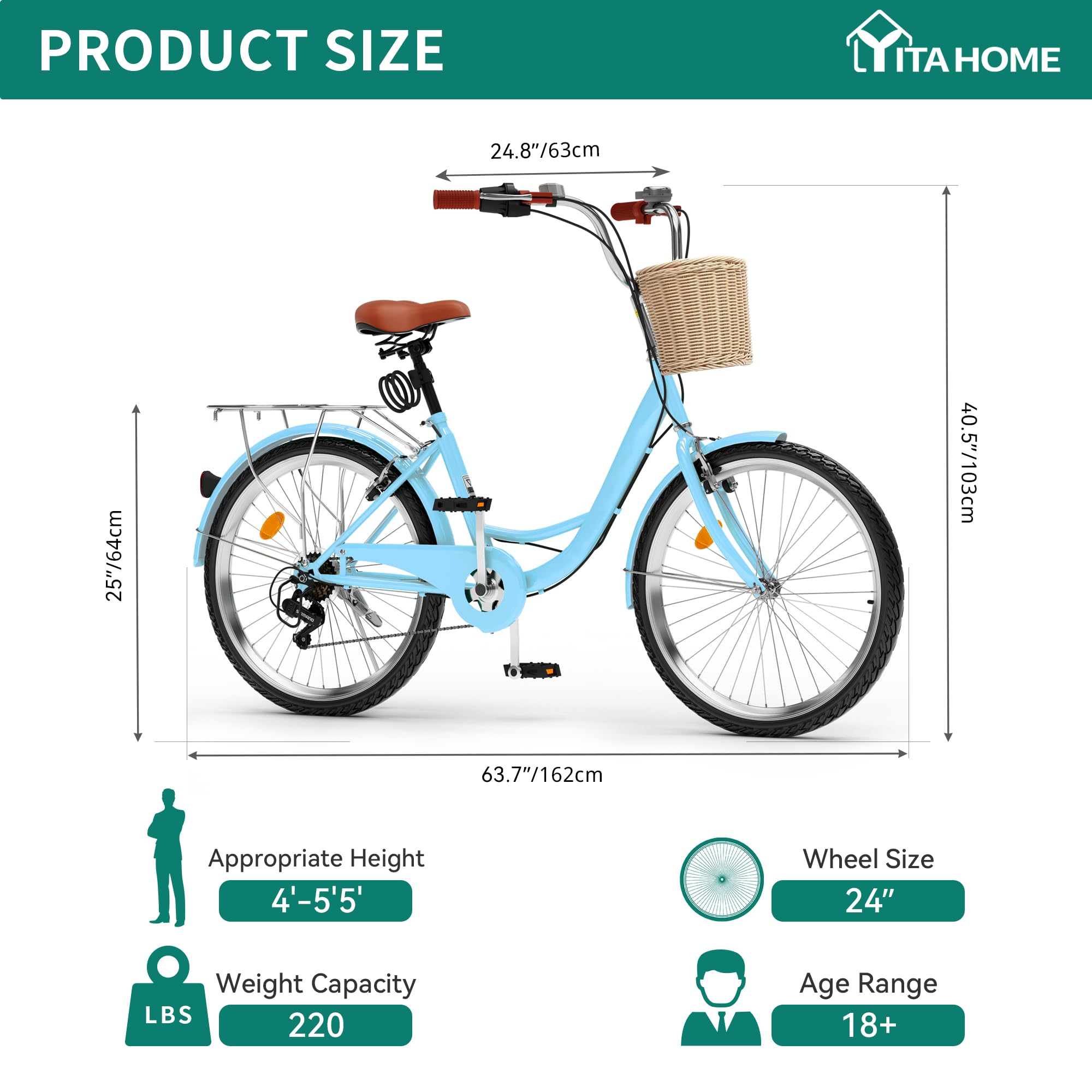 YITAHOME Women's Beach Cruiser Bike - 24 & 26 Inch Commuter Bicycle for Adults with Basket & Adjustable Seat - 1 & 7 Speed Options in Multiple Colors - Perfect for Beach Rides, City Commuting & Leisure Cycling