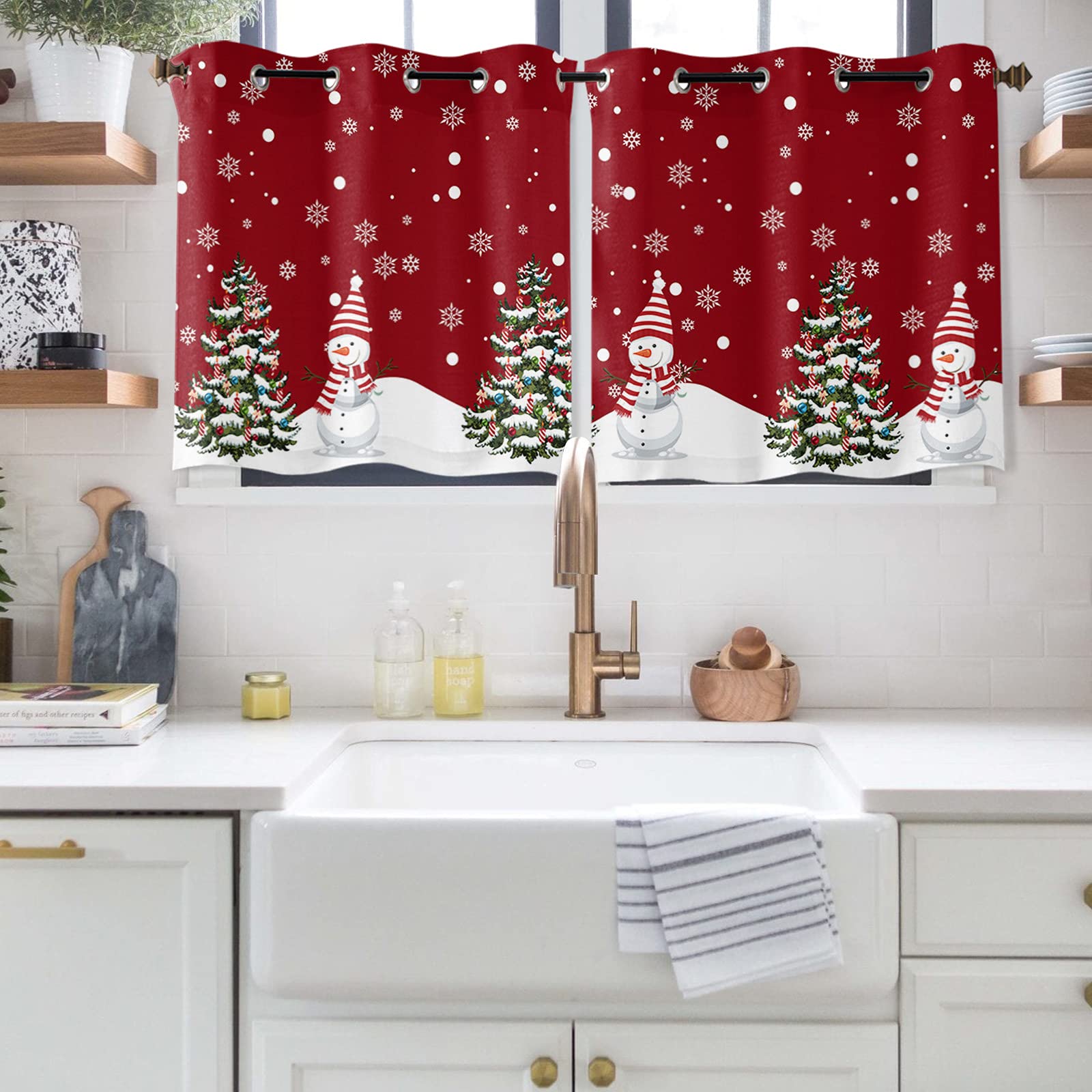 Libaoge Red Christmas Window Curtains - Snowman & Snowflake Semi-Sheer Holiday Drapes for Bathroom, Kitchen, Bedroom (55