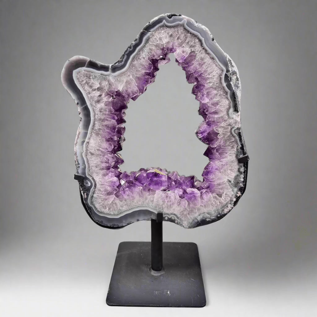 Natural Amethyst Geode Slice Ring from Brazil - Handcrafted Jewelry with Custom Wood Stand (16-10 lbs) - Perfect for Home Decor, Meditation Spaces & Unique Gifts
