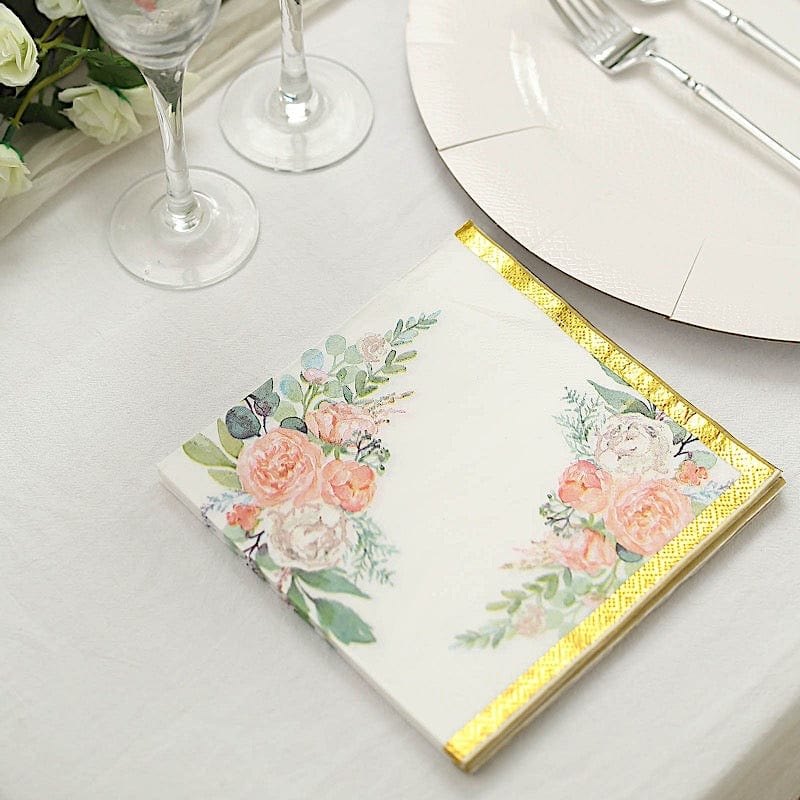 20-Pack Pink Floral Design 13x13 Inch White and Gold Dinner Napkins - Elegant Party, Wedding, and Holiday Table Decor