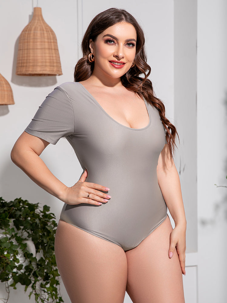 Plus Size Scoop Neck Short Sleeve One Piece Swimsuit for Women - Comfortable Bathing Suit with Tummy Control - Perfect for Beach, Pool, and Summer Vacation