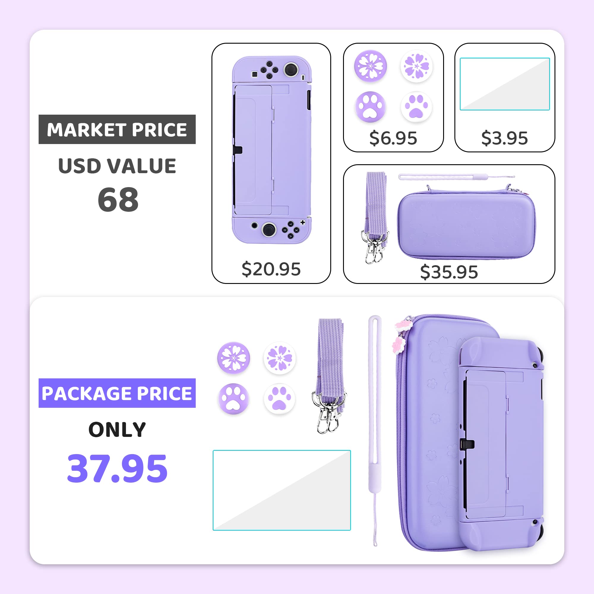 9-in-1 Nintendo Switch OLED Carrying Case Set - GLDRAM Protective Travel Case with Hard PC Cover, Tempered Glass Screen Protector, Thumb Grip Caps, Wrist Strap & Adjustable Shoulder Strap for Girls (Purple) - Perfect for Travel, Commuting & Gaming On-The-Go