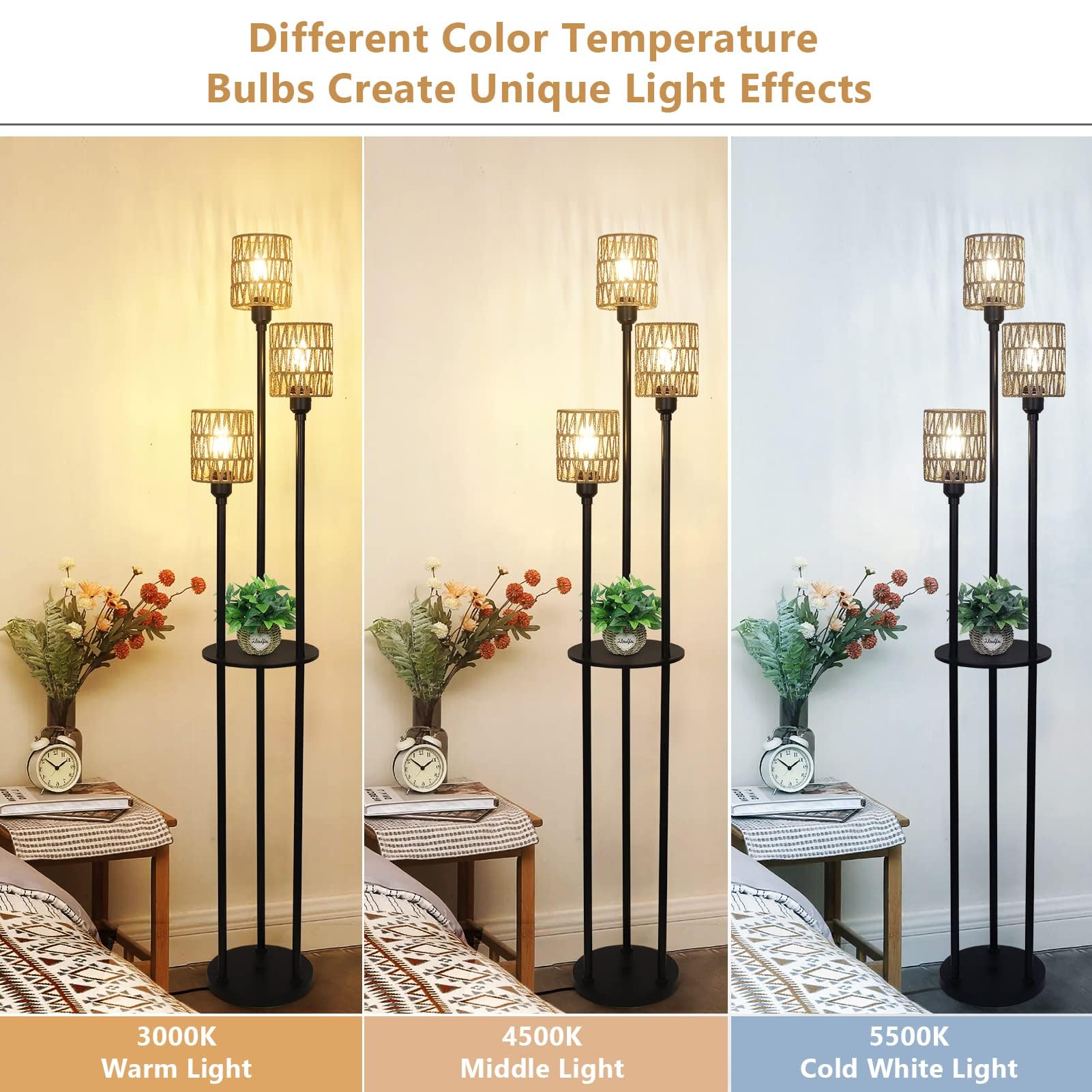 Boho 3-Light Rattan Floor Lamp with Shelves & Table - Rustic Farmhouse Standing Lamp with ON/Off Foot Switch & Rattan Shades - Tall Corner Lamp for Living Room, Bedroom, Office - Perfect for Reading Nook, Cozy Spaces & Farmhouse Decor