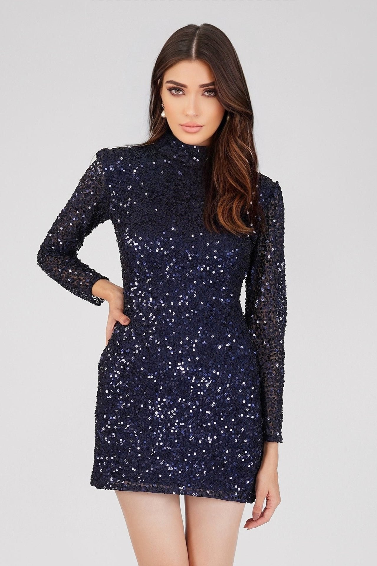 Mady Long Sleeve Sequin Mini Dress in Dark Blue - Elegant Party Dress for Women, Perfect for Cocktail Parties, Night Out, and Special Occasions