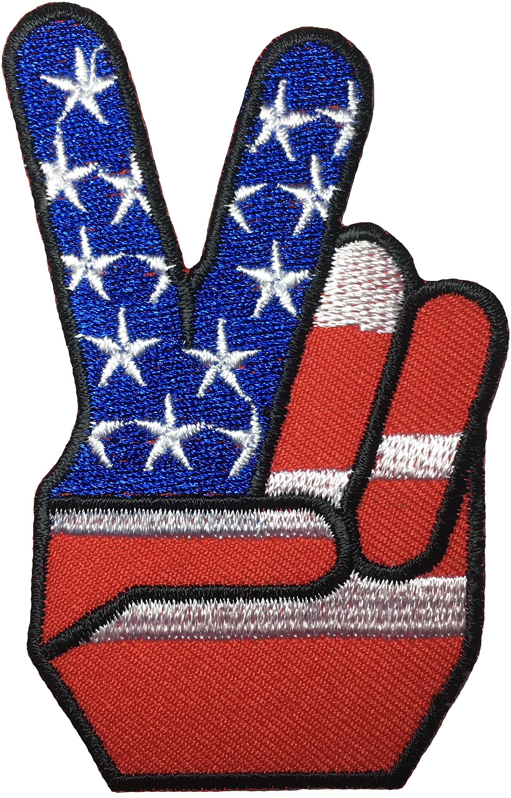 USA Flag Two Finger Peace Sign Embroidered Iron-On Patch - Red White Blue Patriotic Sew On Applique for Jackets, Hats, Bags | Perfect for 4th of July, Veterans Day & Patriotic Events (IRON-2FNG-USA-RBW)