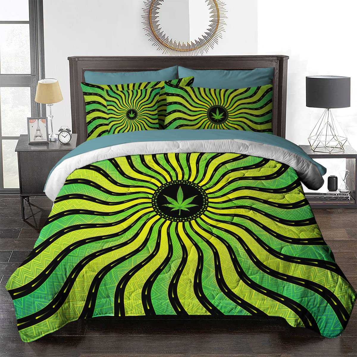 **BlessLiving King Size Cannabis Leaf Comforter Set - 8 Piece Neon Green & Yellow Mandala Bedding Set with Comforter & Sheets, All Season Down Alternative Bedding for Bohemian & Hippie Style Bedrooms**    *(Use Case: Perfect for boho-chic bedrooms, dorm rooms, or festival-themed decor, adding a vibrant and laid-back vibe to your space.)*