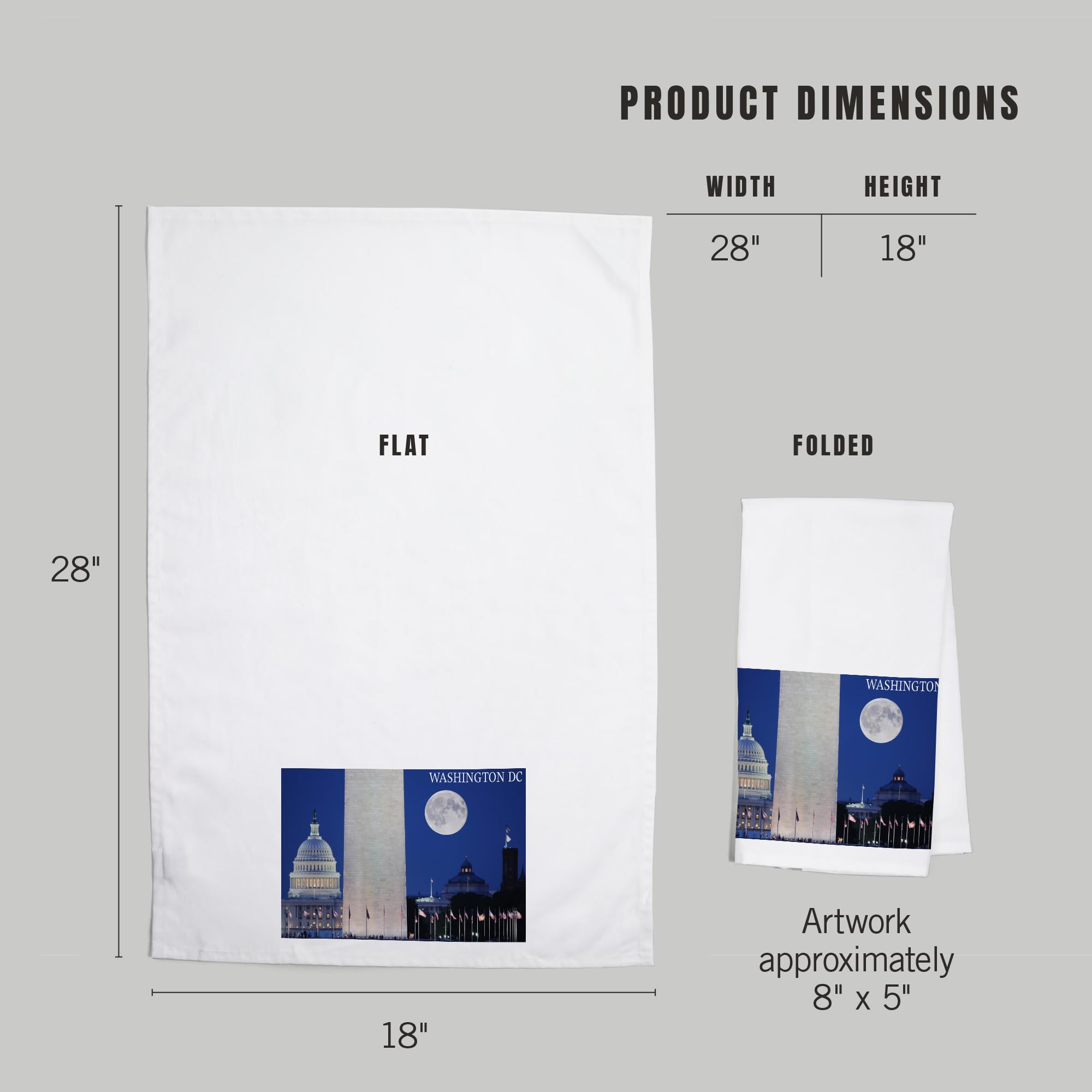 Lantern Press Skyline and Full Moon Washington DC Tea Towel - 100% Cotton Decorative Hand Towel for Kitchen & Home Decor | Perfect for Gift, Dish Drying, and Wall Art Display