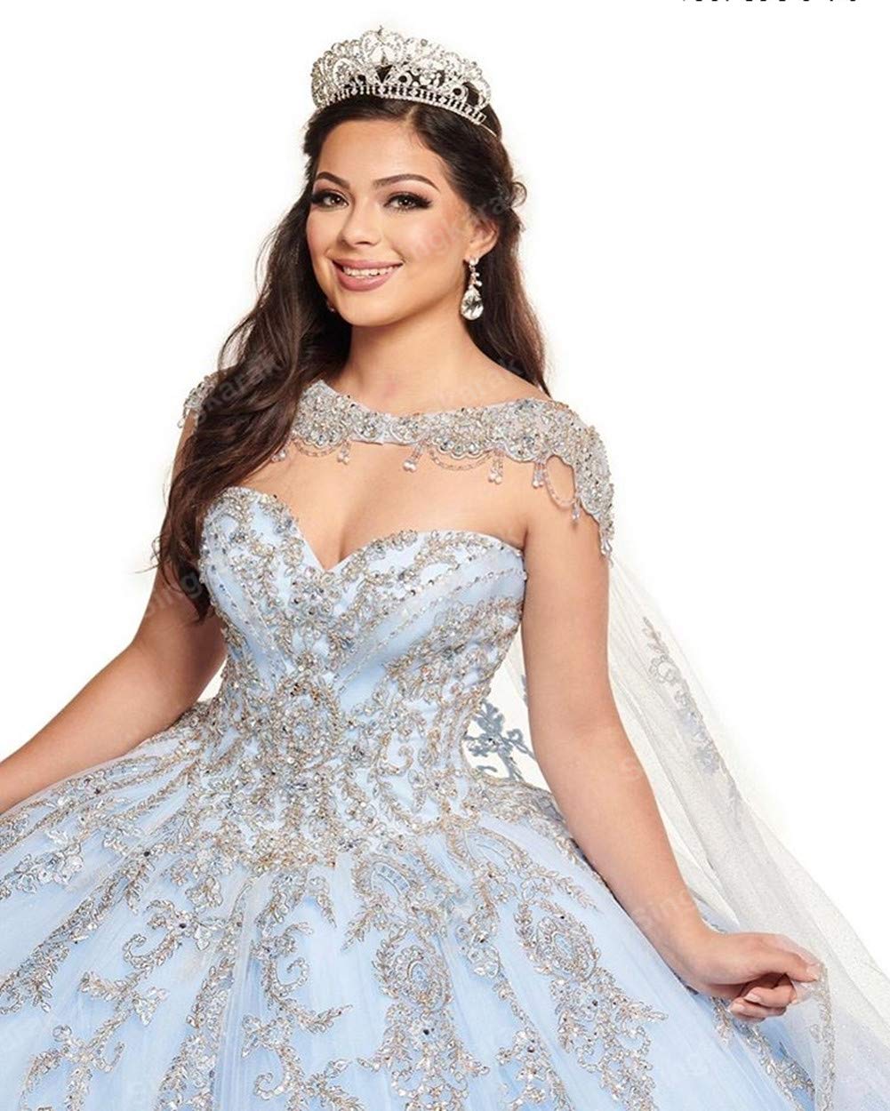 Emanni Women's Sweetheart Ball Gown Quinceanera Dress - Tulle Crystal Beaded Princess Sweet 16 Dress in Ice Blue | Perfect for Quinceañera, Prom, Wedding & Formal Events