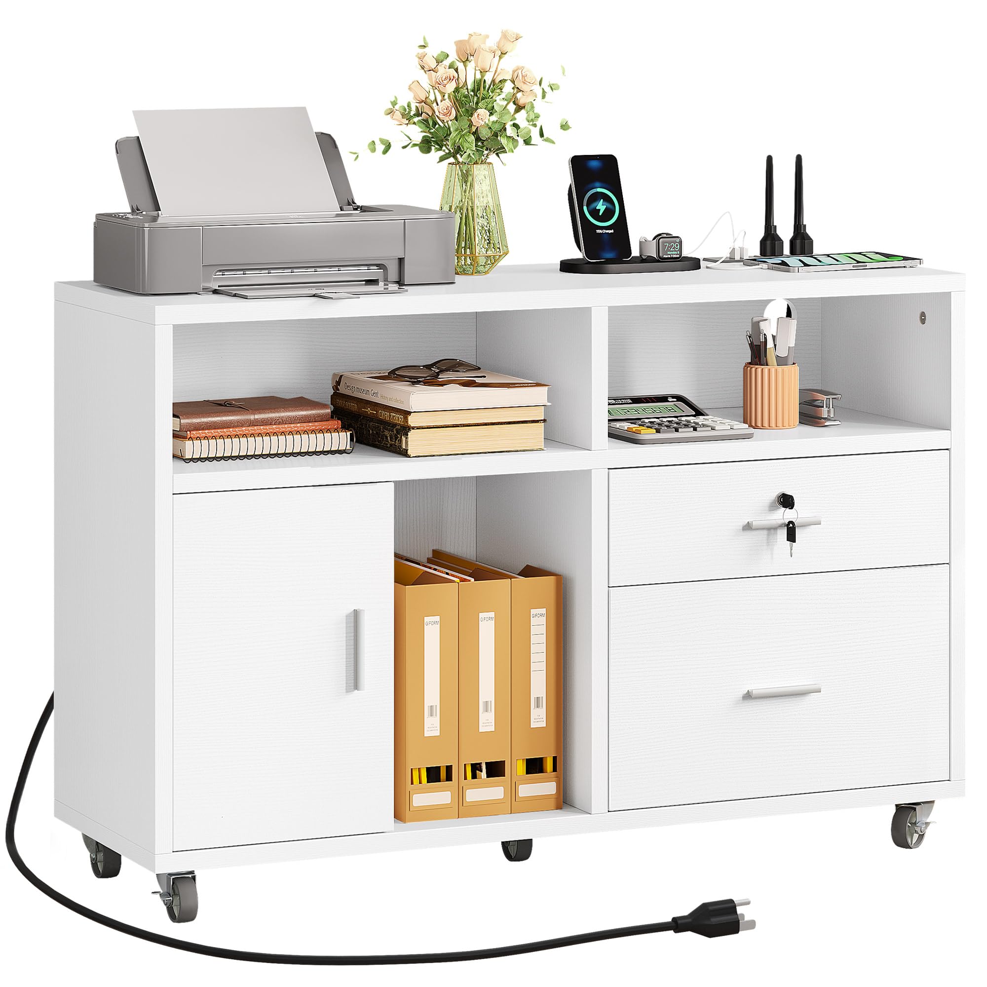 YITAHOME 2-Drawer Wood Lateral File Cabinet - Mobile Storage Cabinet for A4, Letter & Legal Size - Modern Home Office Filing Cabinet with Open Shelves - Perfect for Document Organization & Printer Stand (White)