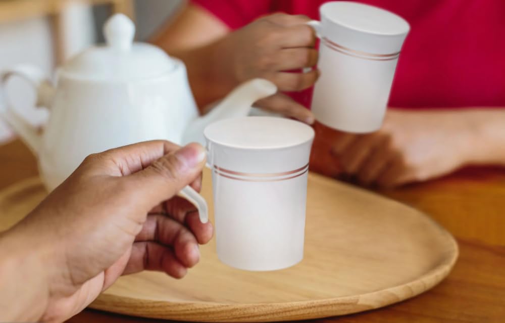 240-Pack Heavyweight Disposable 8 oz Plastic Coffee Cups with Handles - Wedding, Party, Cafe Drinkware (White & Rose Gold Rim) - Perfect for Bridal Showers, Office Events & Catering Services