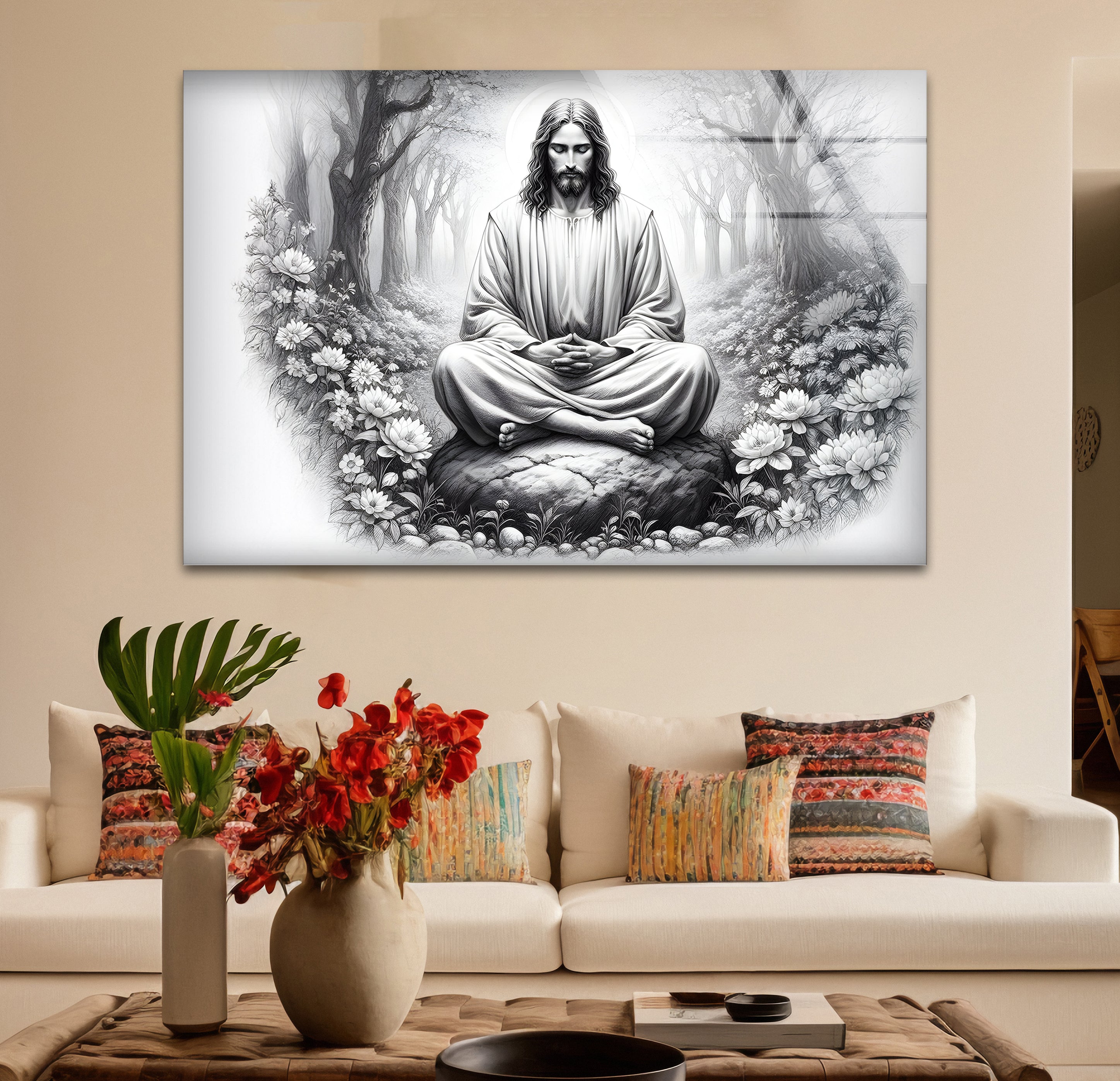 Black and White Jesus Glass Wall Art - Religious Home Decor for Living Room, Bedroom & Church