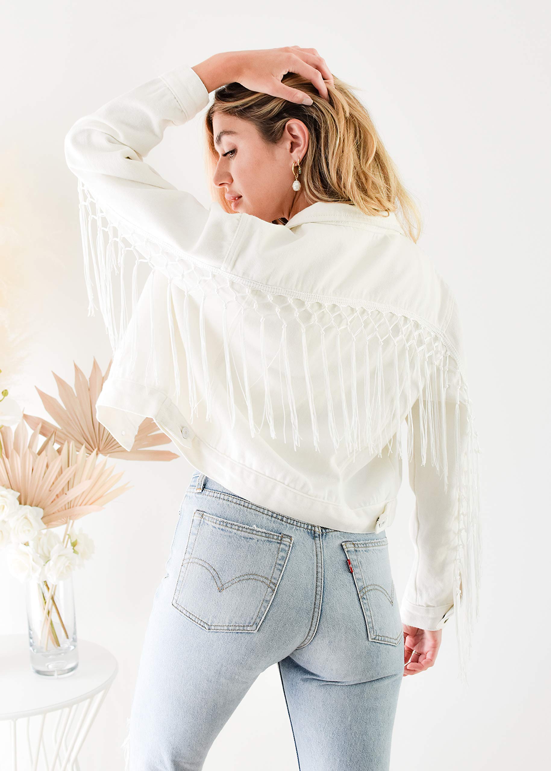 ModParty Women's White Fringe Denim Jacket - Cropped Tassel Trim Jean Jacket for Casual Outfits & Boho Style | Perfect for Music Festivals, Date Nights & Streetwear Fashion